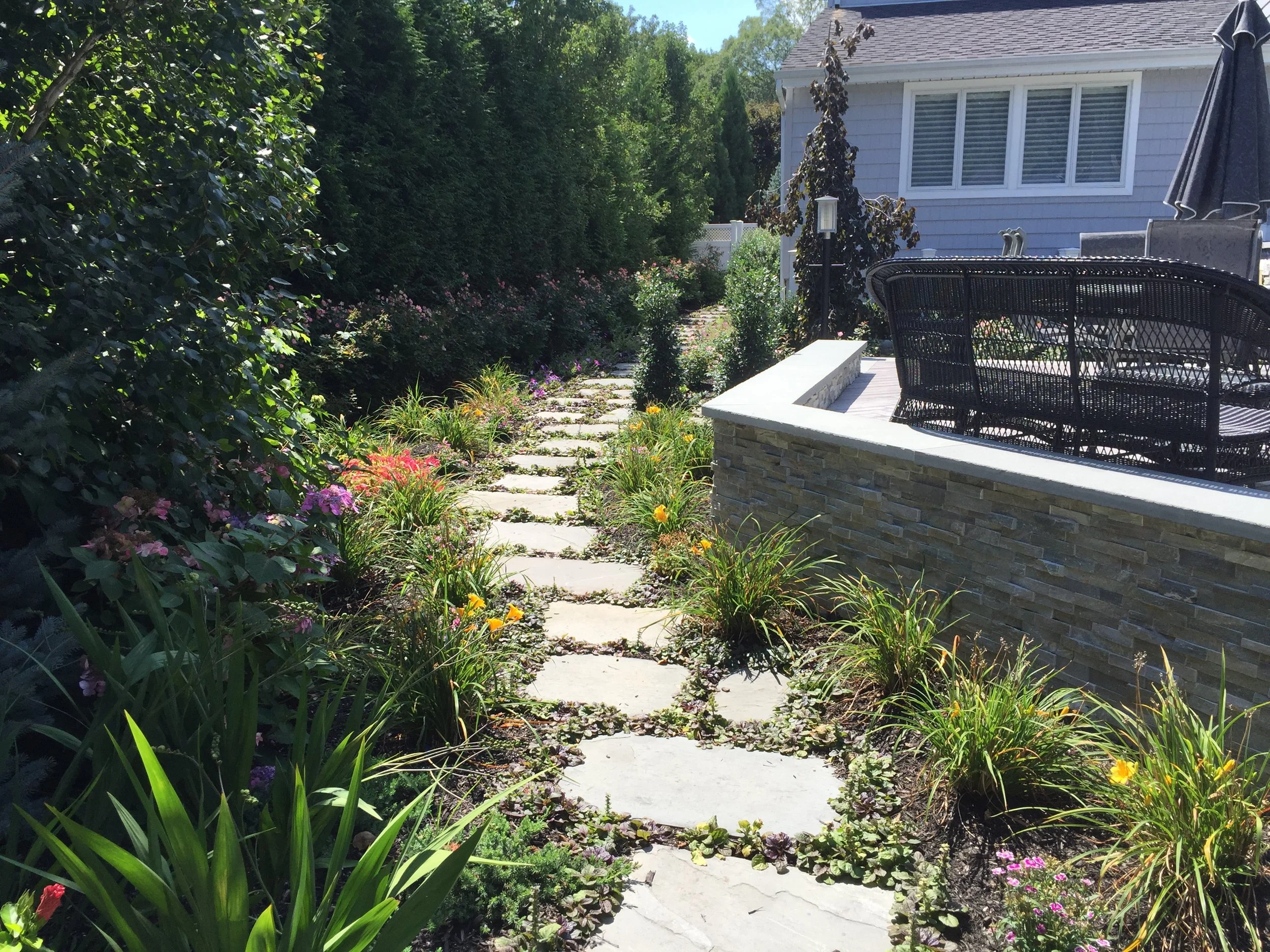 Landscape design with stone walkway in Long Island, NY​​​​​​​