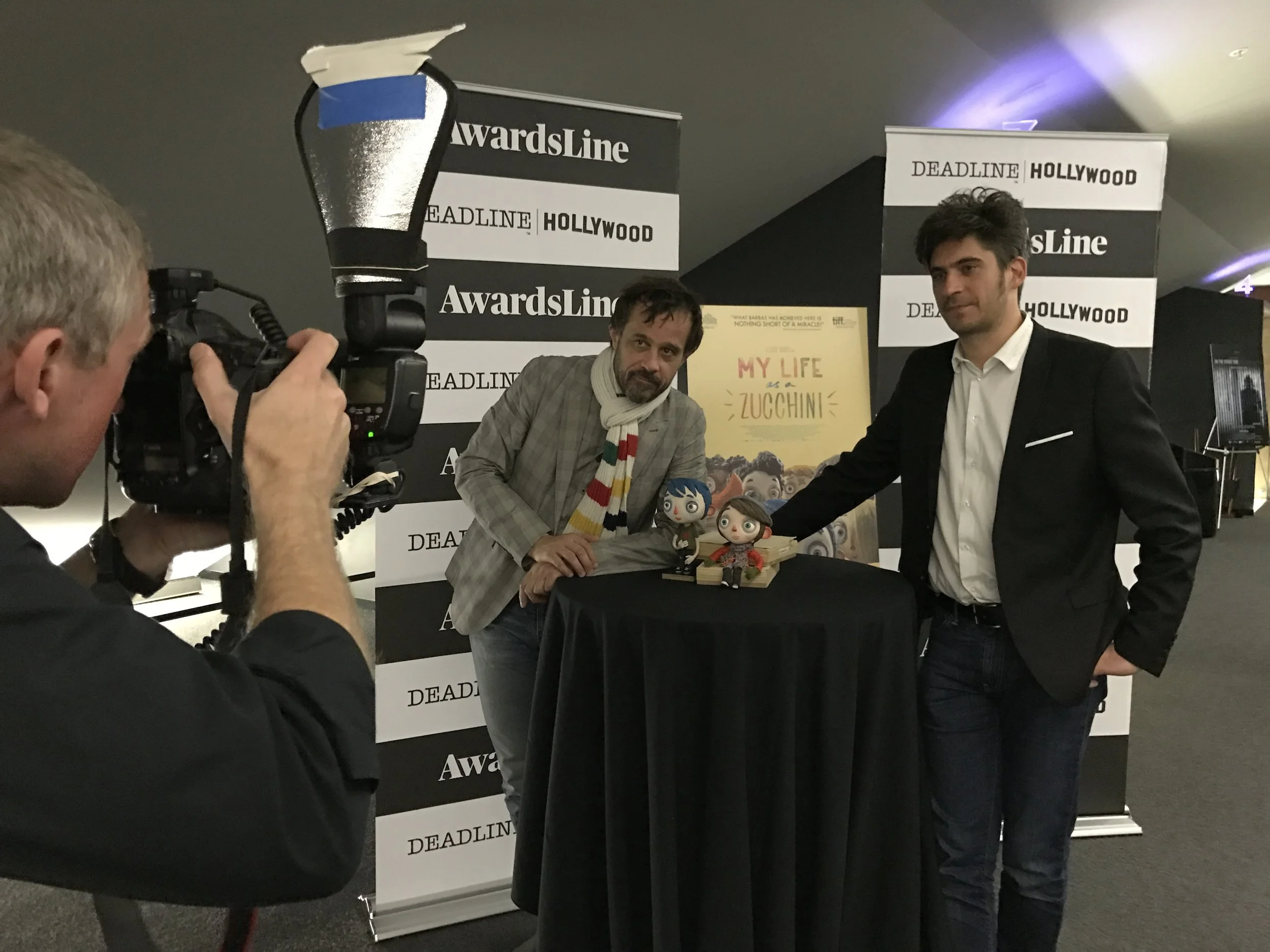  Claude Barras and Max Karli, director and producer of MY LIFE AS A ZUCCHINI, pose for the camera at the Deadline screening of the film.&nbsp; 