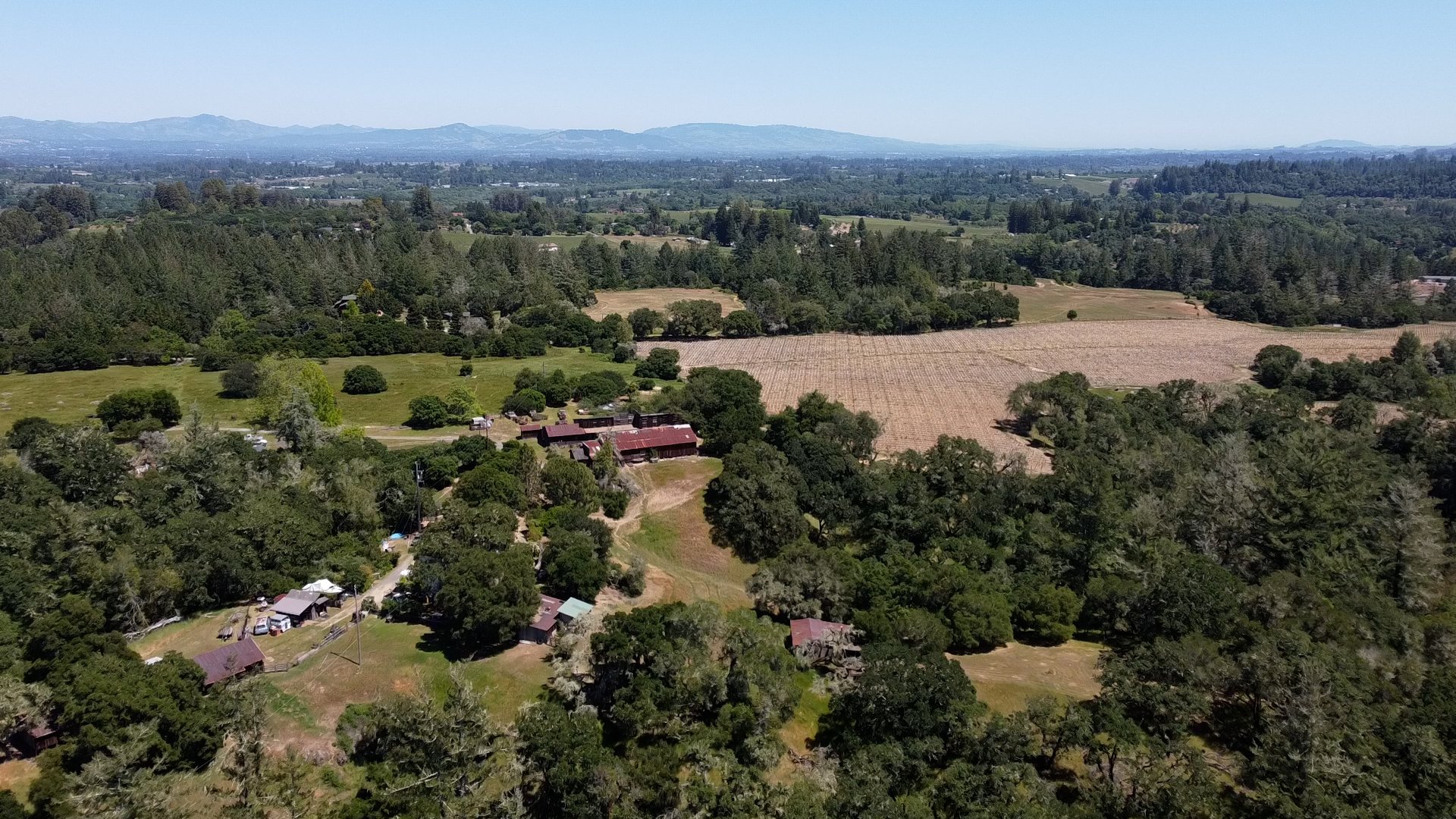 Aerial with home sites on left and Kosta Browne vineyard on right.