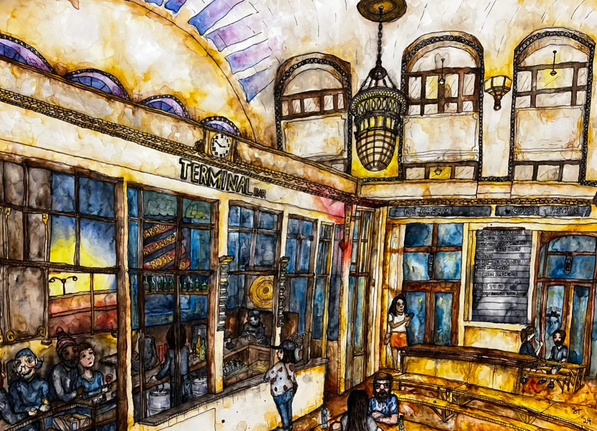 36"x 24". Watercolor and pen on paper.