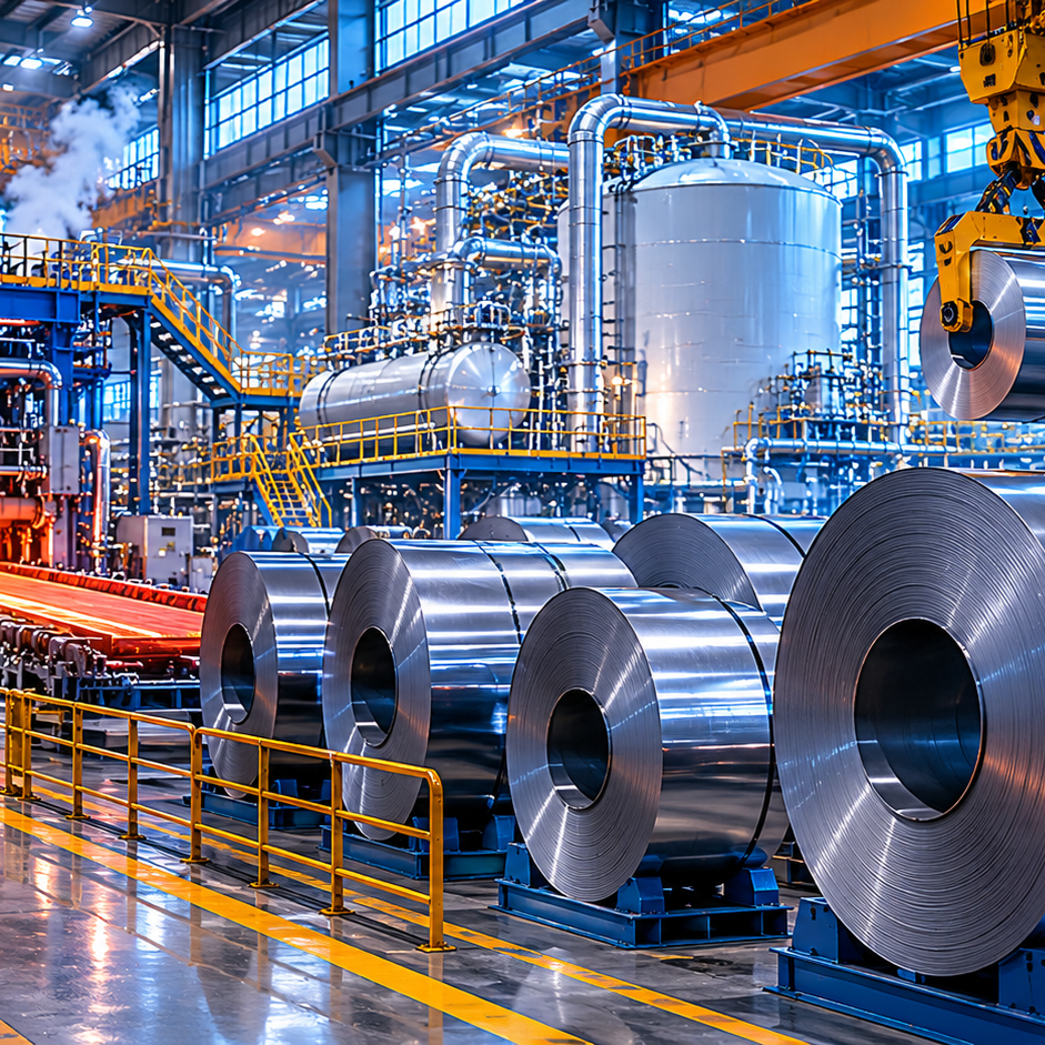 Industrial steel mill with large metal coils, pipes, and machinery
