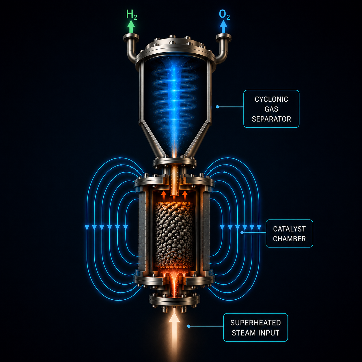 Diagram of a chemical reactor with labeled components: superheated steam input at bottom, catalyst chamber in the middle, and cyclonic gas separator at the top. Blue arrows indicate gas flow, and orange arrows show heat and material transfer.