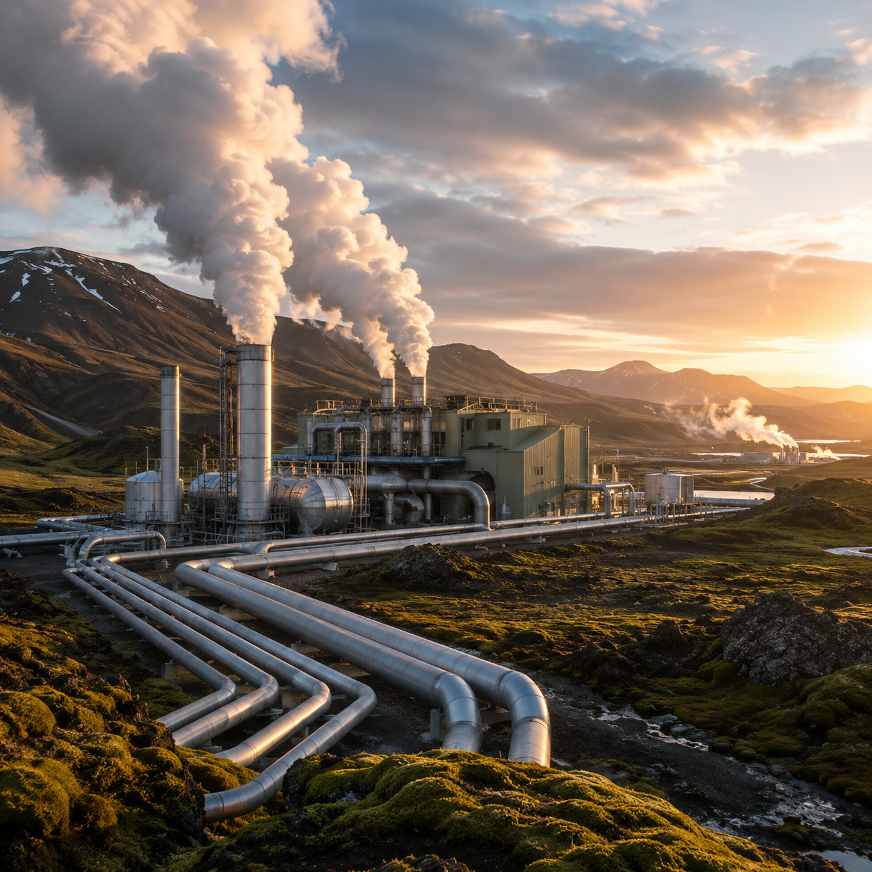 A geothermal system in a mountainous landscape with steam and pipes, and infrastructure around green moss-covered ground during sunset.