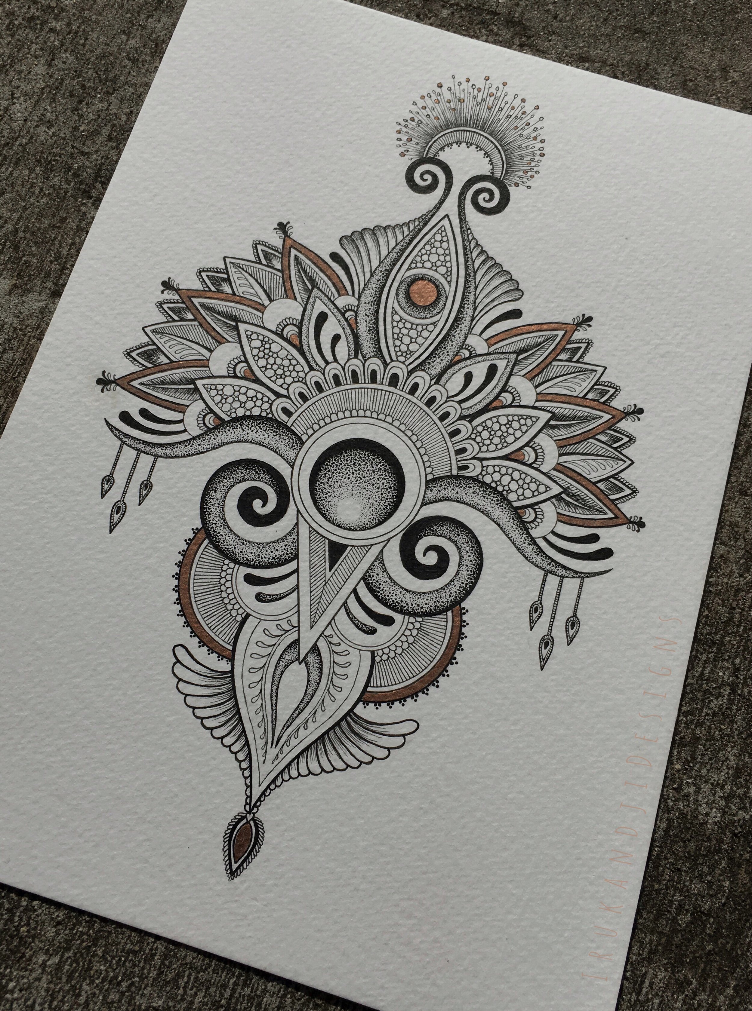 henna/mehndi dotwork style half mandala design with orange accents