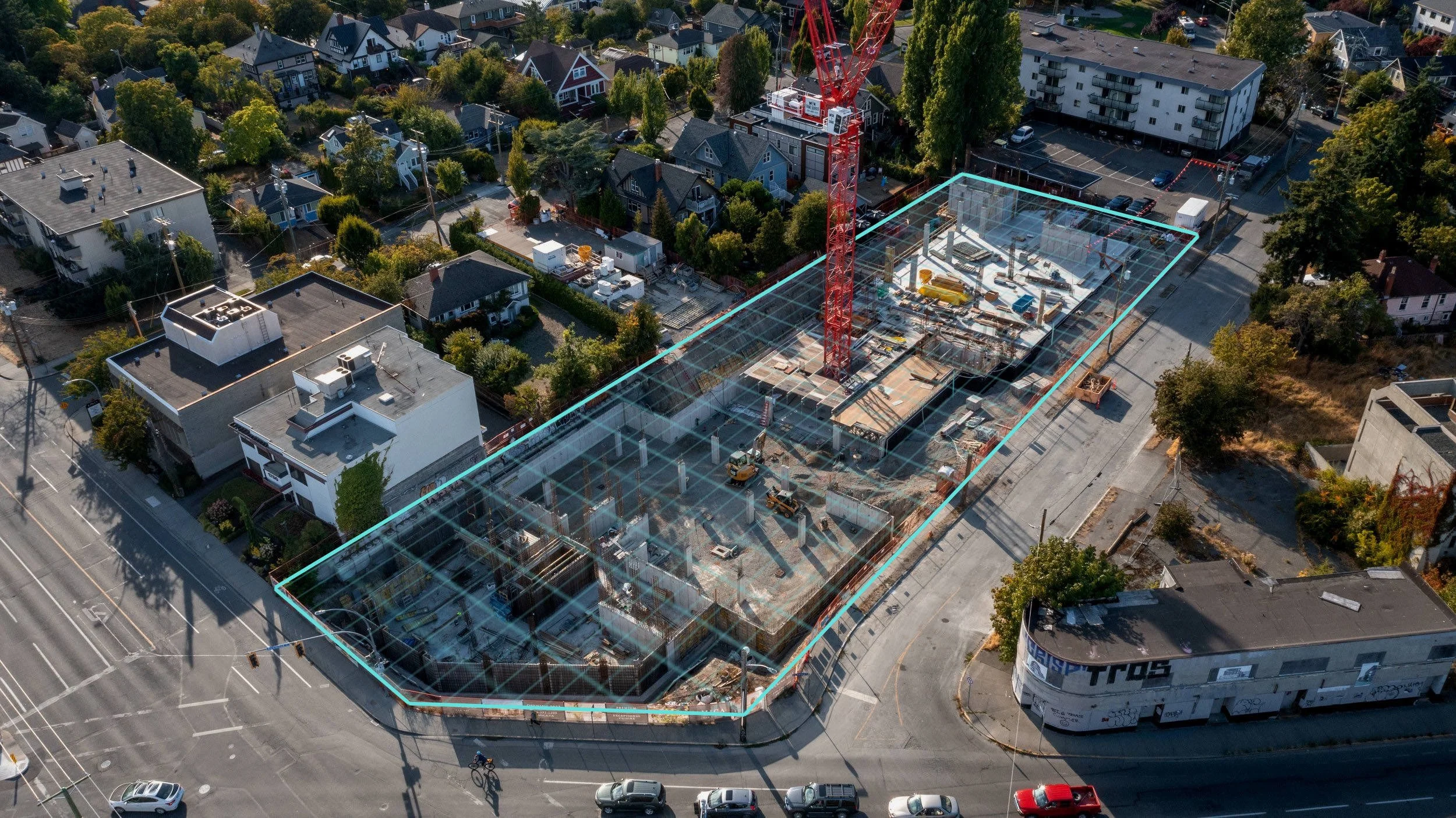 Drone imagery of a building under construction in Langford BC