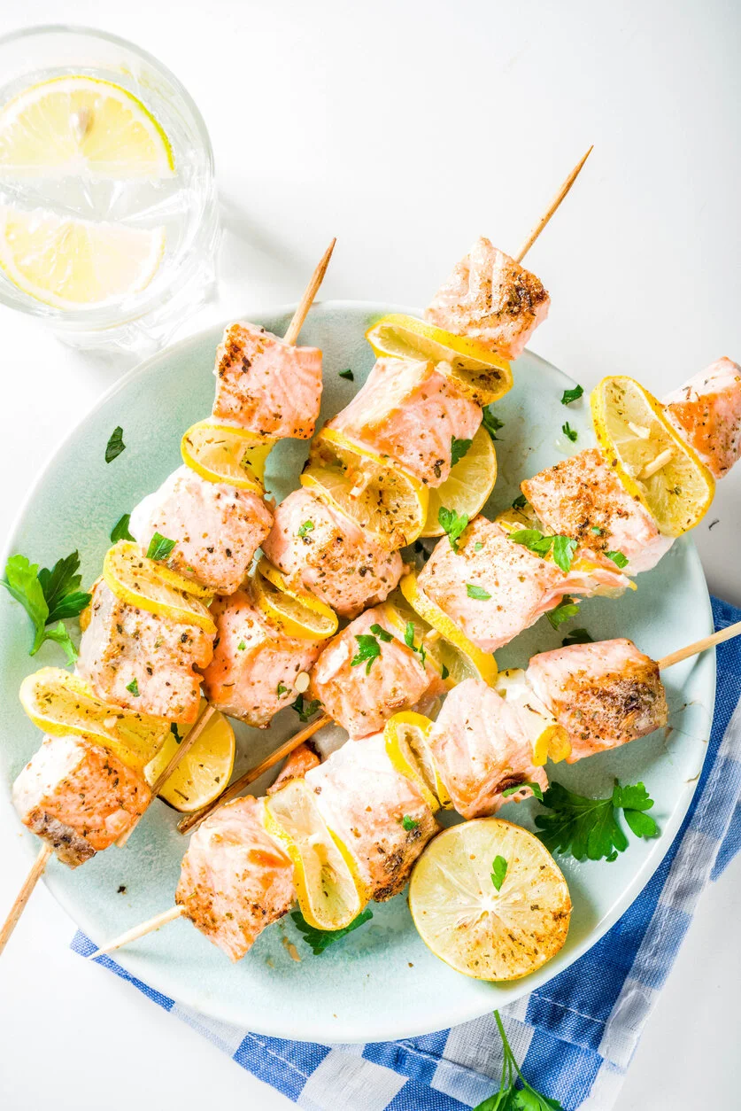 Seafood Skewers with Mango Cucumber Salsa &amp; Rice
