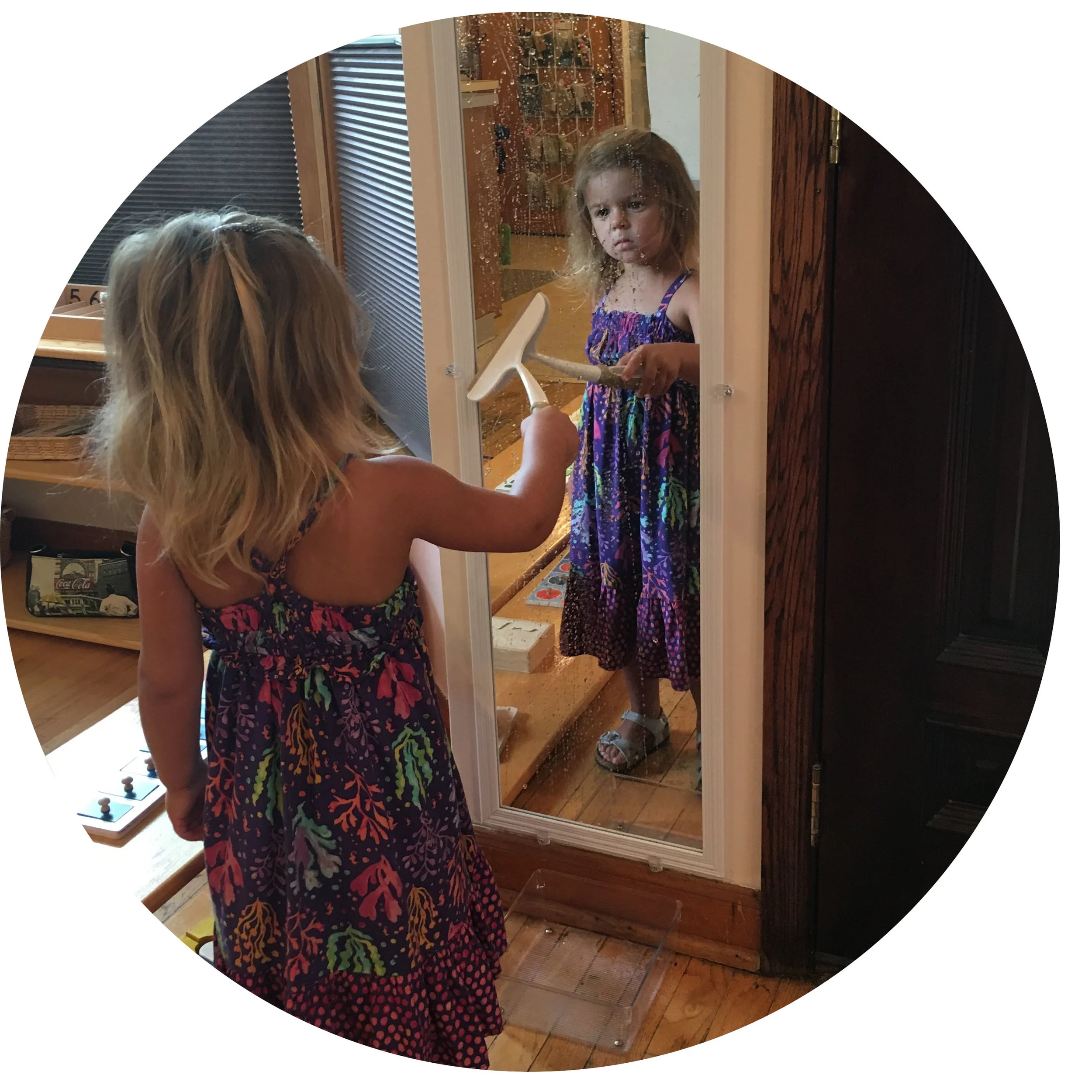 In this seemingly simple activity, children have the opportunity to learn about themselves in the mirror while also practicing a practical life skill to show care for the environment.