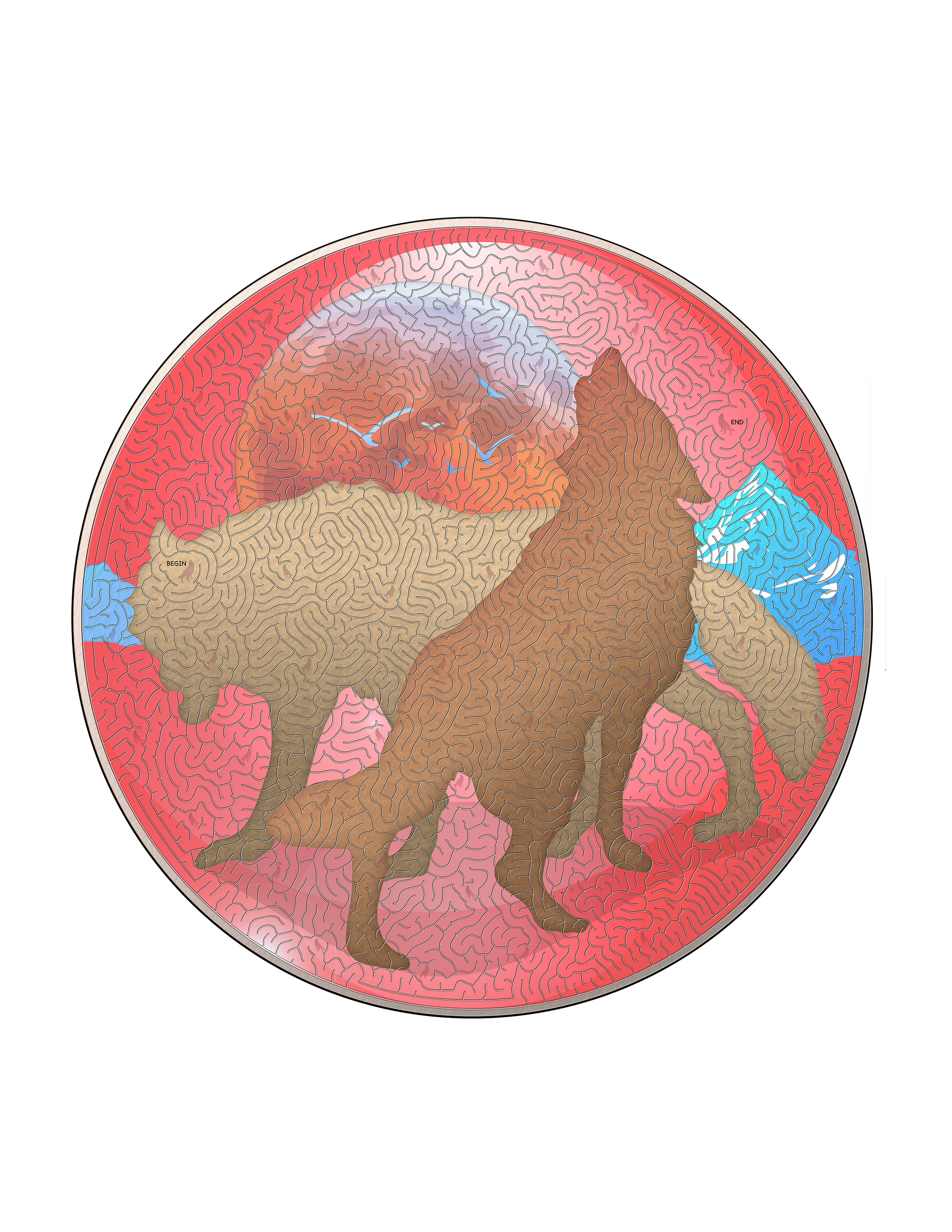 MAZZLESIM1W1a: Wolves Scene 1 in Red Sphere Intermediate Maze 1. May be appropriate for children 7-8 and up...possibly younger with some assistance.