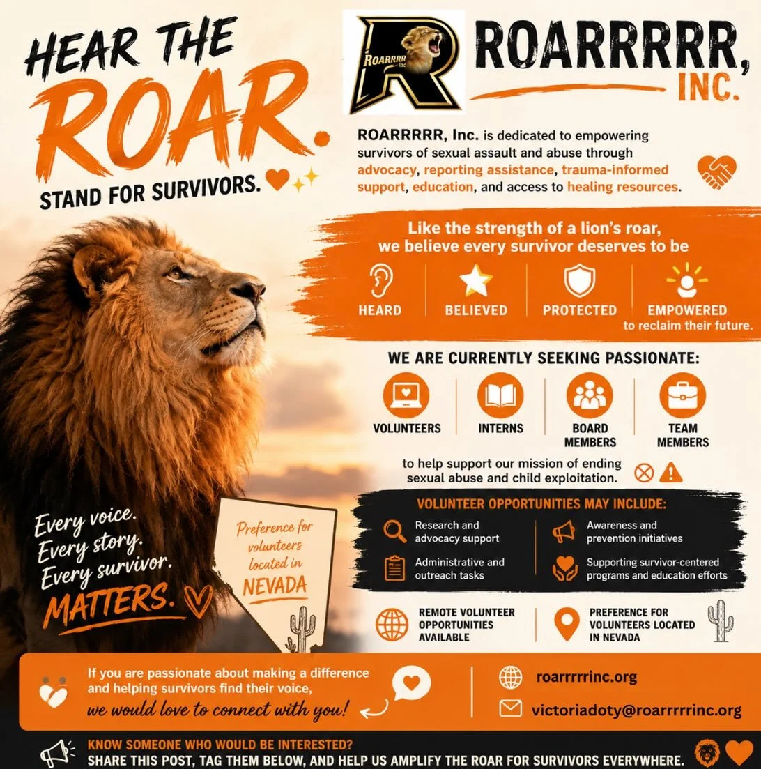 🦁 Hear the roar. Stand for survivors. 🧡✨

ROARRRRR, Inc. is dedicated to empowering survivors of sexual assault and abuse through advocacy, reporting assistance, trauma-informed support, education, and access to healing resources. 🤝🧡

Like the st