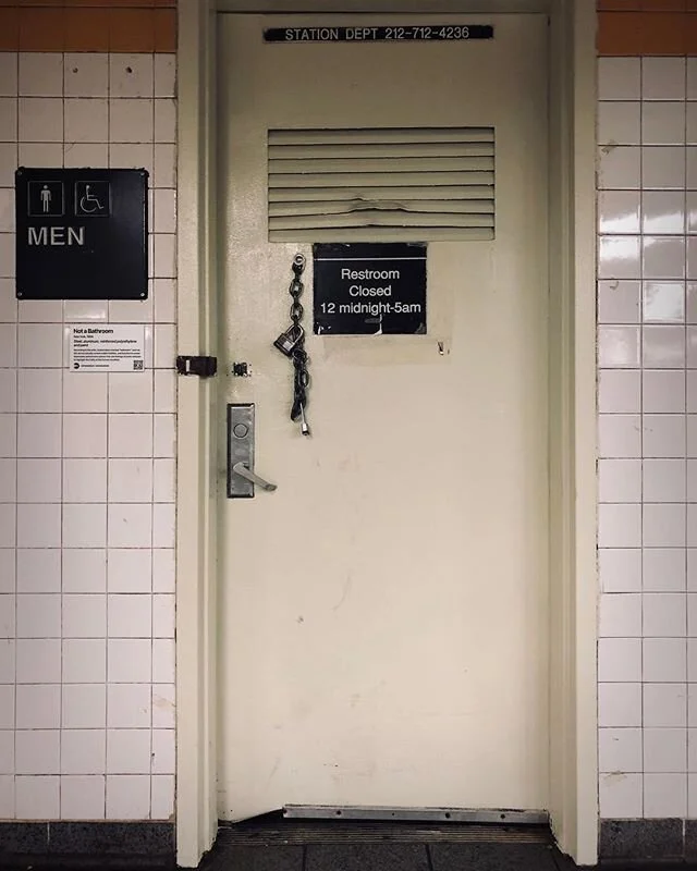 Title: Not a Bathroom, New York
According to the artist, locked doors marked “bathroom” such as this do not actually contain public facilities, and function to create impromptu performance pieces that use feelings of panic and pain to hi
