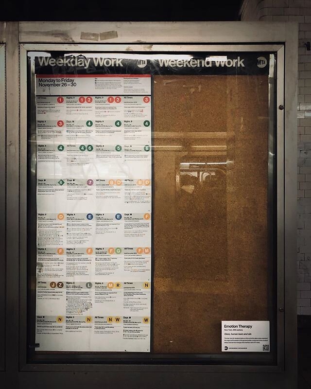 Title: Emotion Therapy, New York

The tear- and oil-streaked stains on this and other glass cases represent the anger and frustration of the general public in response to the delays and service changes that interfere with MTA rides. .
.
&ldquo;MTA is