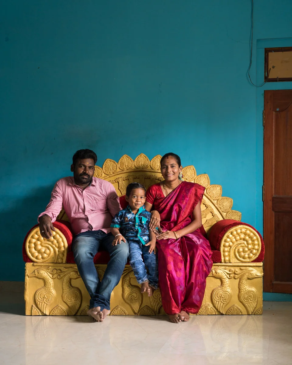 ‘Versatile settee I’ - Kumaresan, Yeshwanth and Sarasu in their living room; 26th January, 2019 ; 10” x 8” Archival print on Hahnehmühle pearl.
