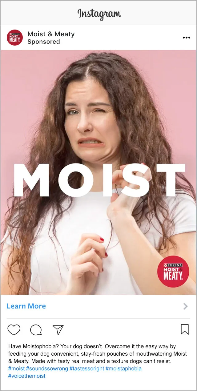 Have Moistophobia? Your dog doesn’t. Overcome it the easy way by feeding your dog convenient, stay-fresh pouches of mouthwatering Moist &amp; Meaty. Made with tasty real meat and a texture dogs can’t resist.#moist #soundssowrong #tastessoright #mois…
