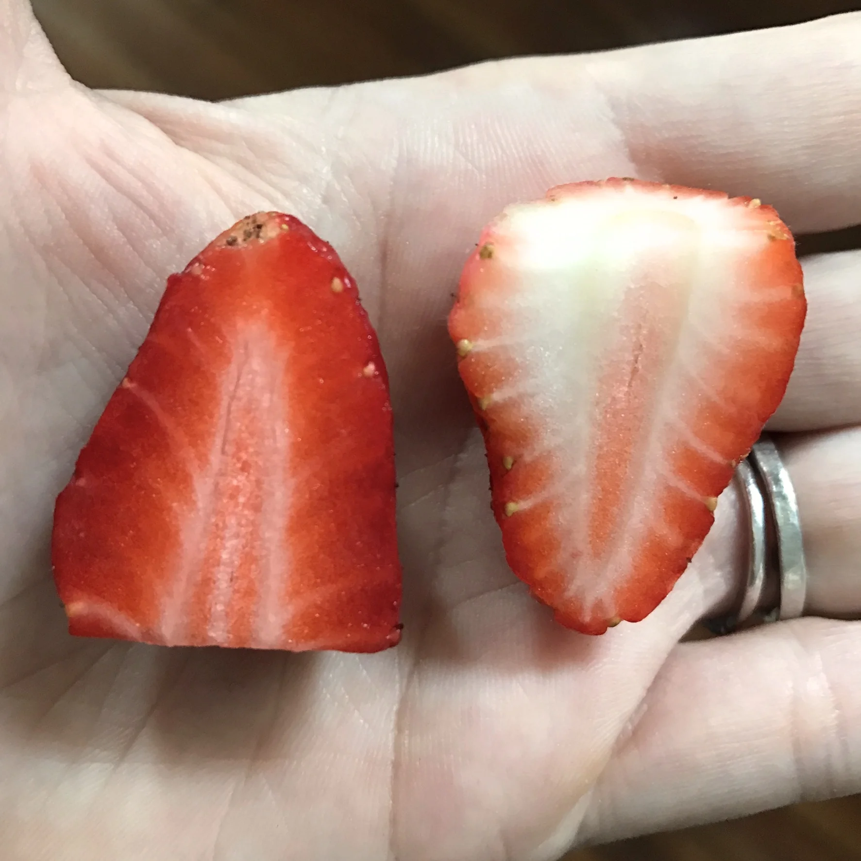 Just look at the difference between these two strawberries! They look the same on the outside, but the second you cut into them, you can see how different they will taste!