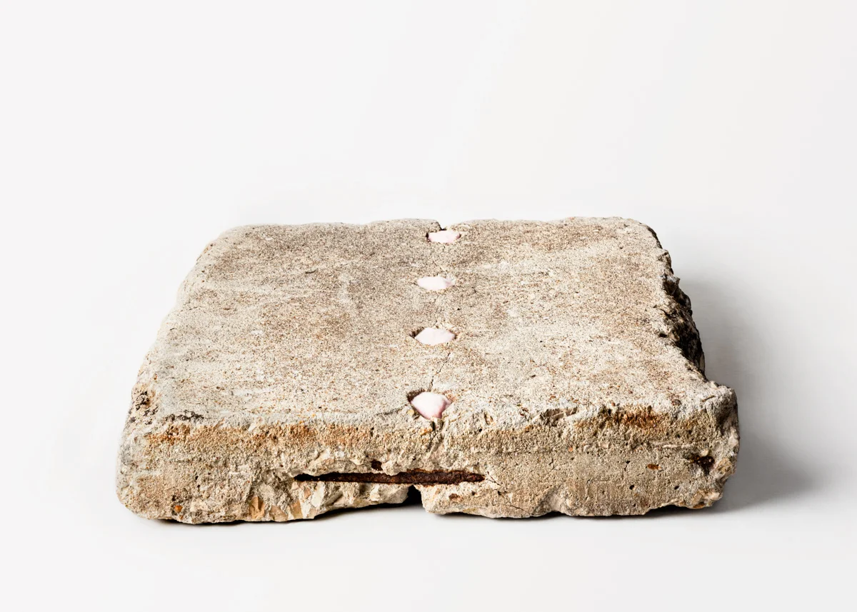 Beginning Again, Softly, 20” x 20” x 4”, cement, rebar, and pink cotton balls, 2019