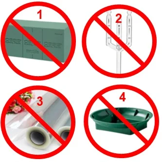 Reuse - Recycle - Biodegrade 1. Floral Foam is a non-biodegradable plastic containing carcinogenic formaldehyde and carbon black. We use wood, wire and biodegradable materials. 2. Card Holders are non-recyclable plastic. We use bamboo card holders 3. Cellophane is non-biodegradable polypropylene, we use waxed tissue paper 4. Plastic bases - We use reusable glass, metal or wood with a recyclable plastic liner if needed