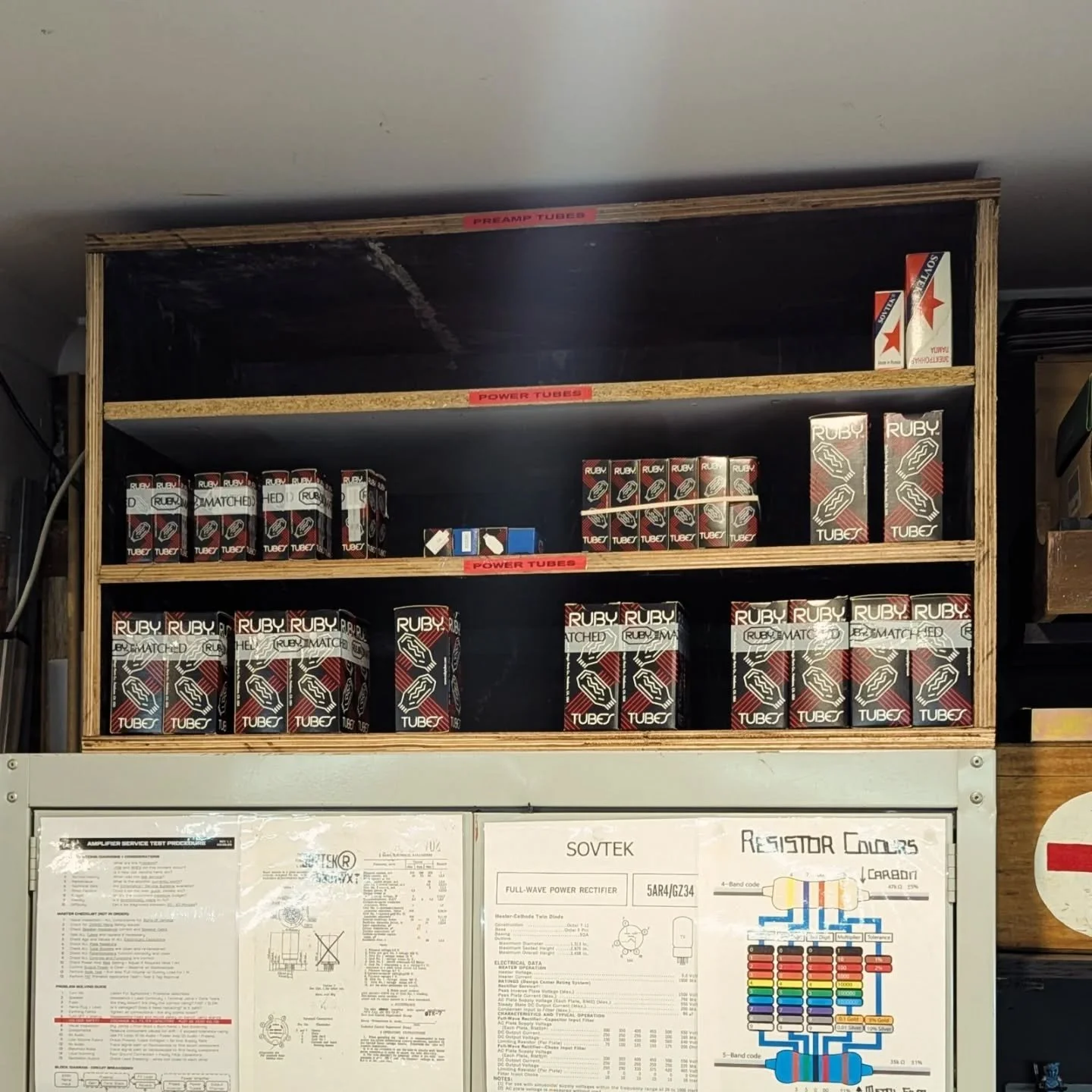 Over the past two years I've been considering buying large bulk quantities of tubes to accommodate the increase in amp services we've been doing. Needing a future place to store them, I had some unused space above the Tool Cabinet - drew up a quick d