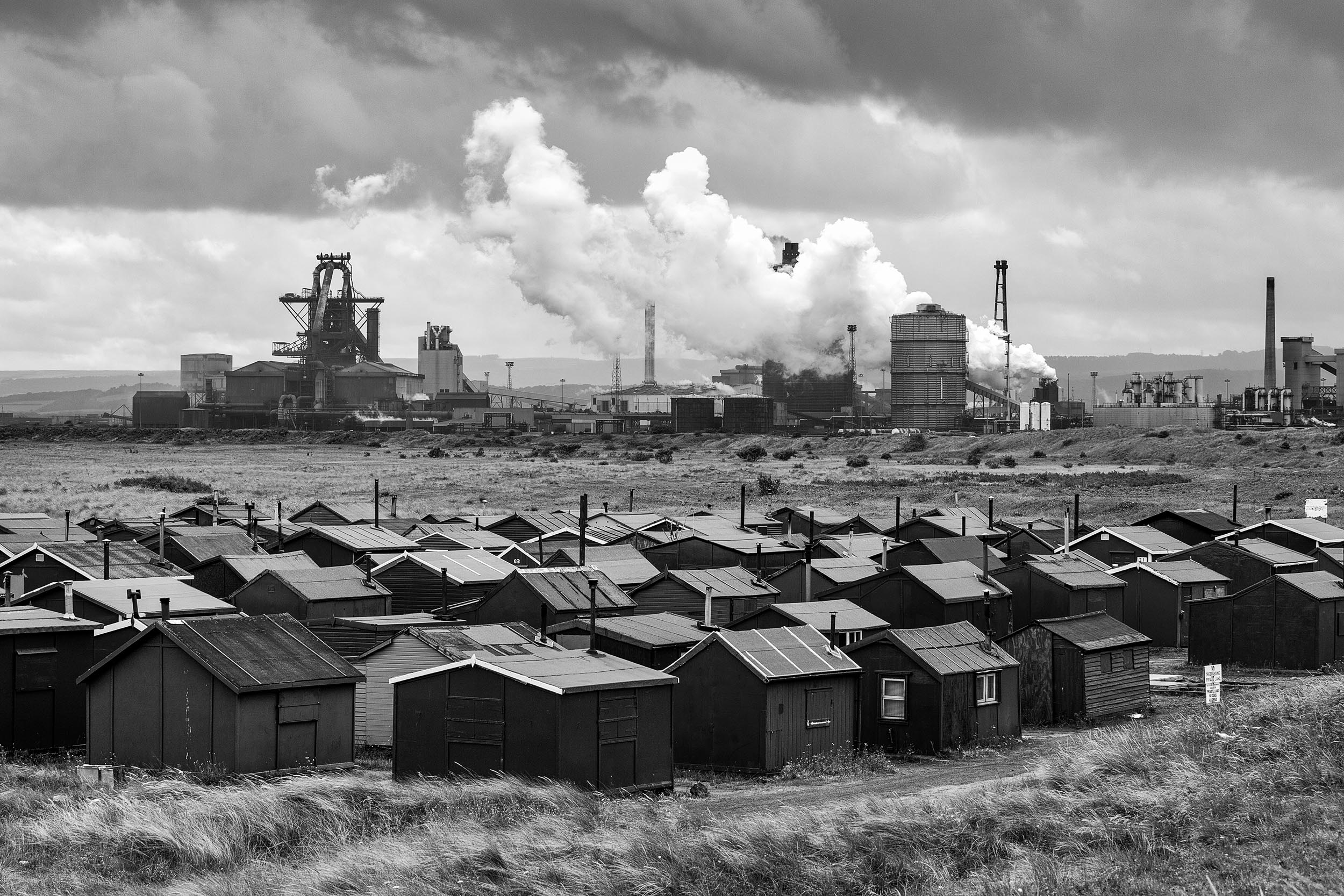 Fishermen's huts and steel works at Redcar on Teesside 