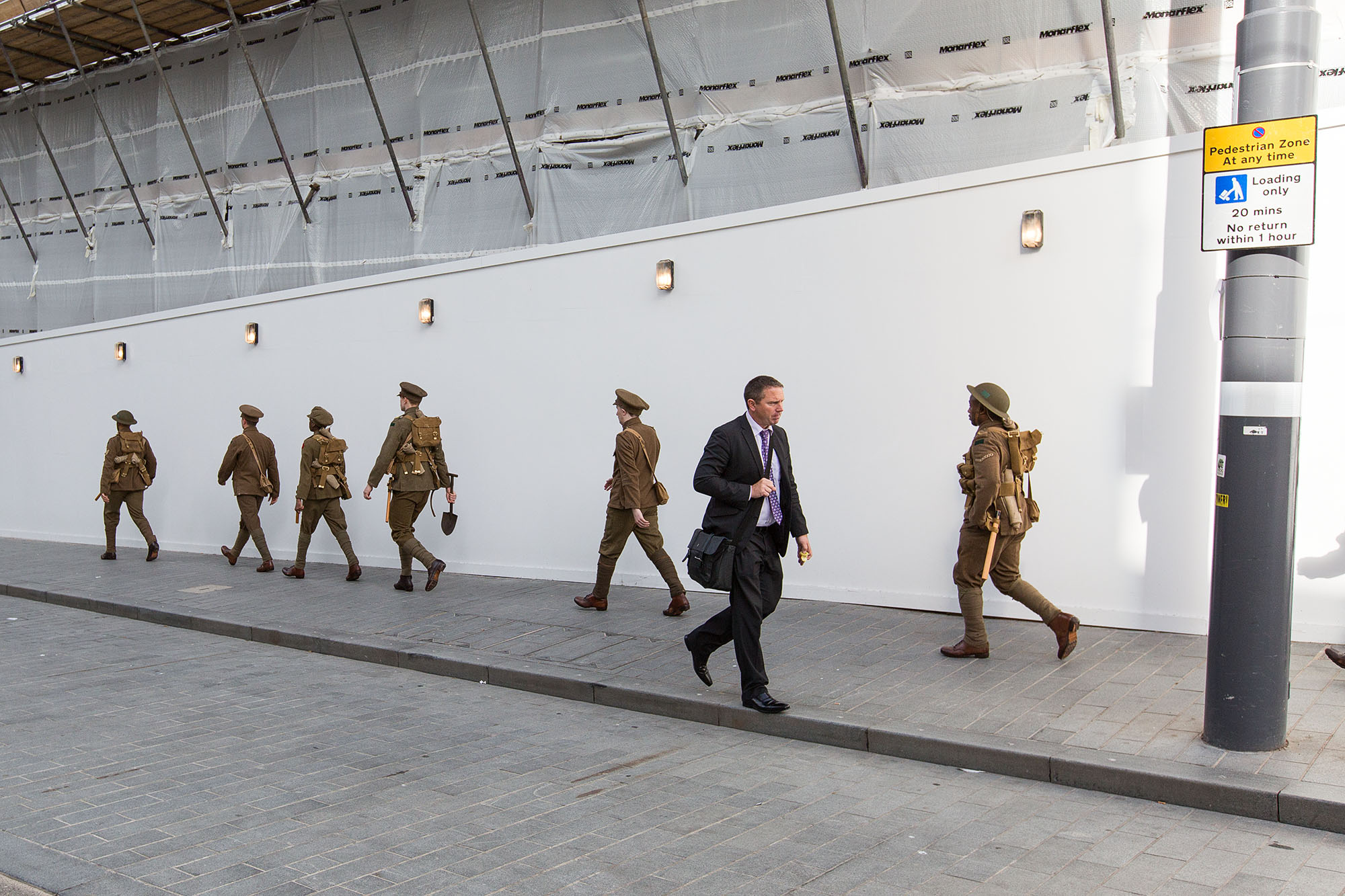  Artist Jeremy Deller’s project “We’re Here Because We’re Here” took place on 1 July 2016. Over 2000 people took part in a national memorial to mark the centenary of the first day of the Battle of the Somme. The participants, representing the shell-s