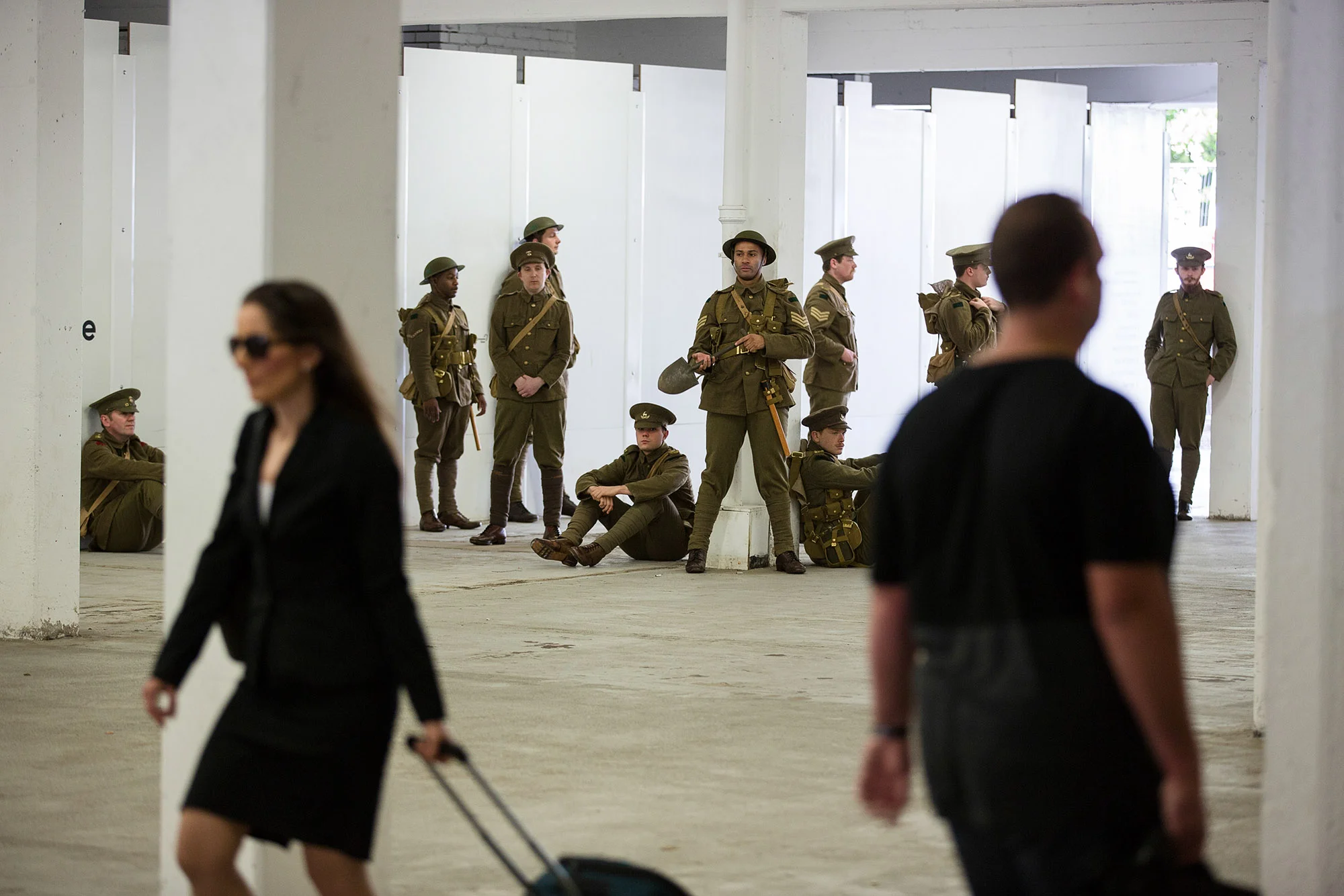 Artist Jeremy Deller’s project “We’re Here Because We’re Here” took place on 1 July 2016. Over 2000 people took part in a national memorial to mark the centenary of the first day of the Battle of the Somme. The participants, representing the shell-shocked fallen soldiers, appeared throughout Britain.