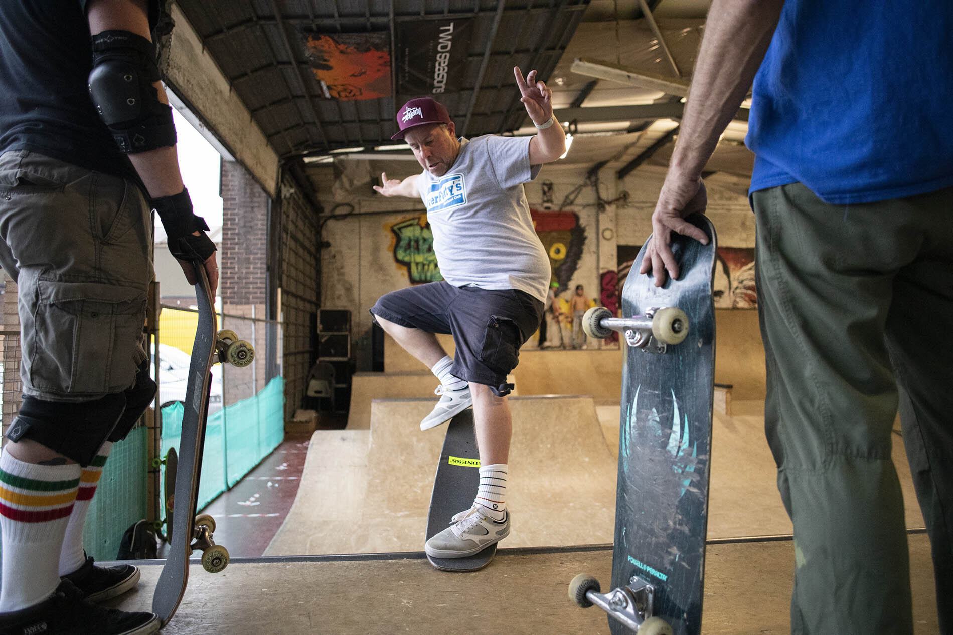 Middle-aged skateboarders