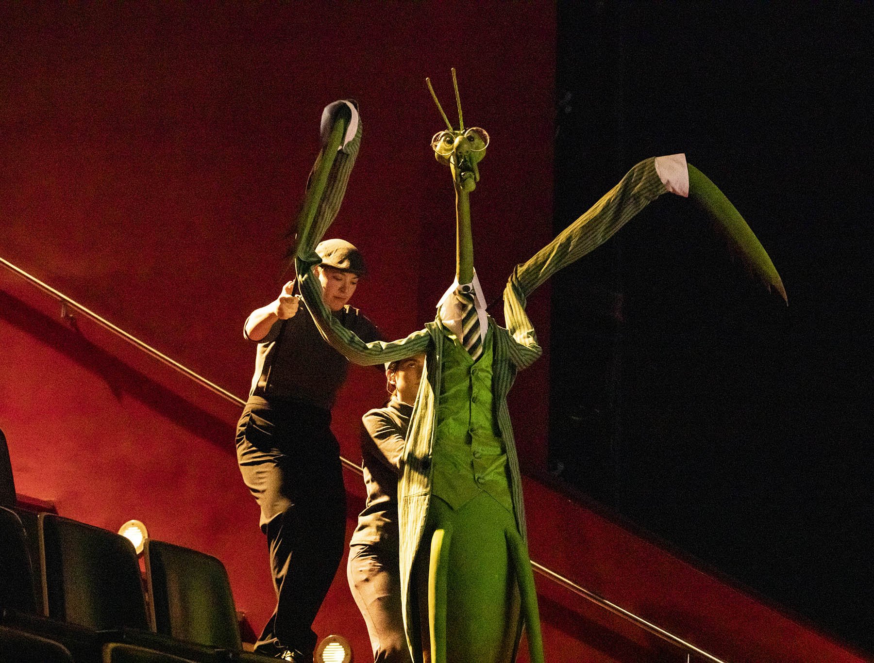Jacob Rees-Mogg as a Praying Mantis puppet making its entrance during rehearsals for the Spitting Image stage show at Birmingham Rep Theatre.