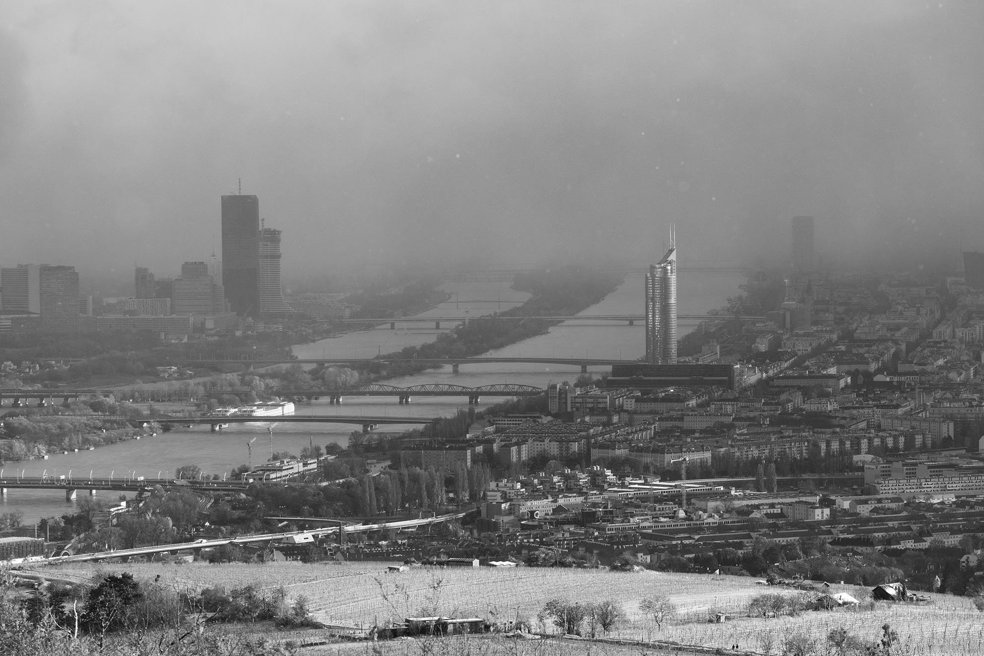  A snowstorm recedes to reveal the River Danube in Vienna. 