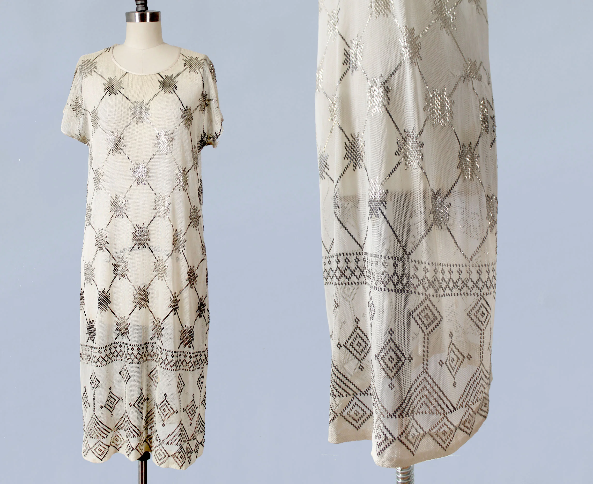 Assuit hammered metal on cotton net dress. Egyptian revival. 1920s.