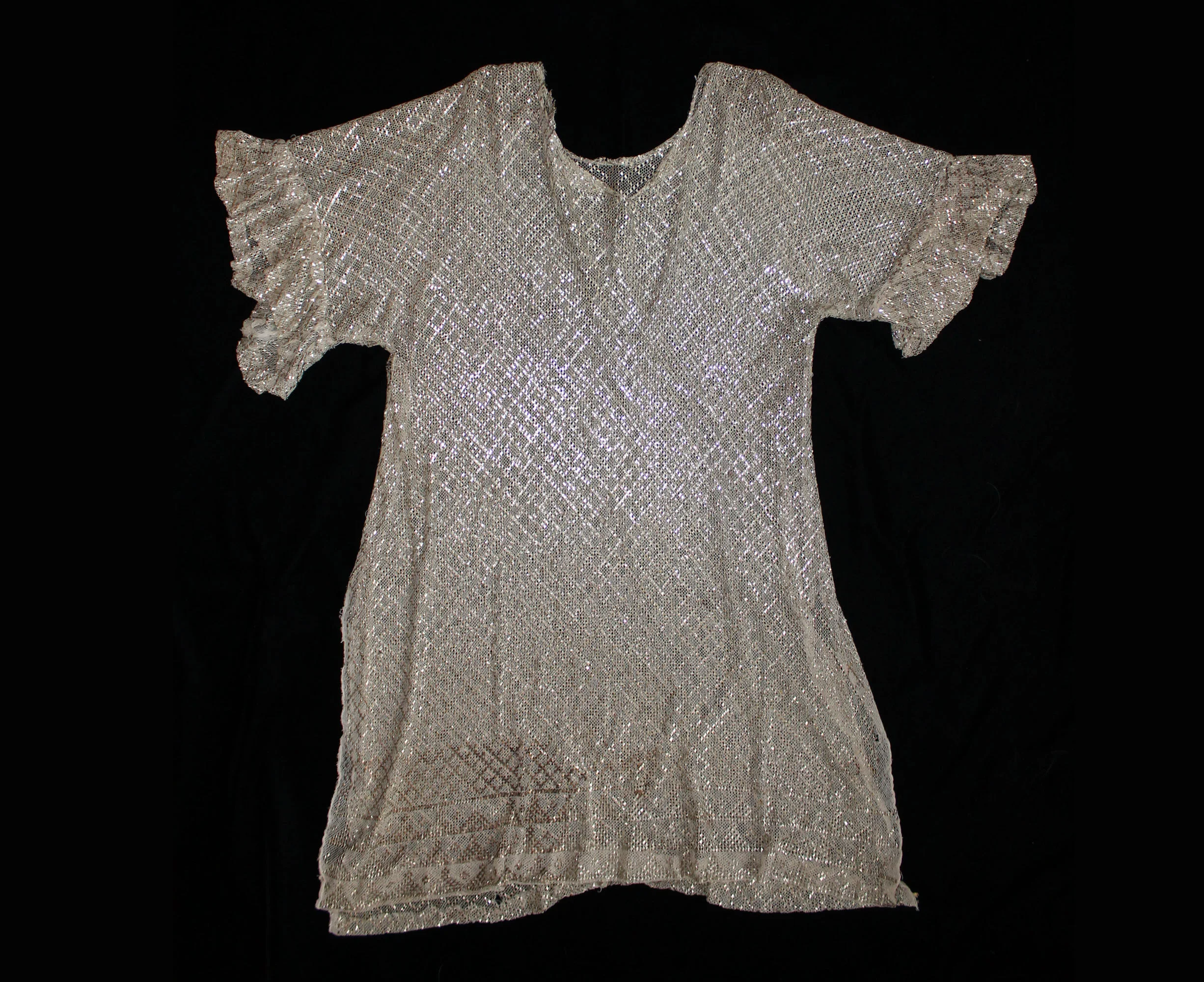 Assuit hammered metal on cotton net tunic top or dress. Egyptian revival. 1920s.