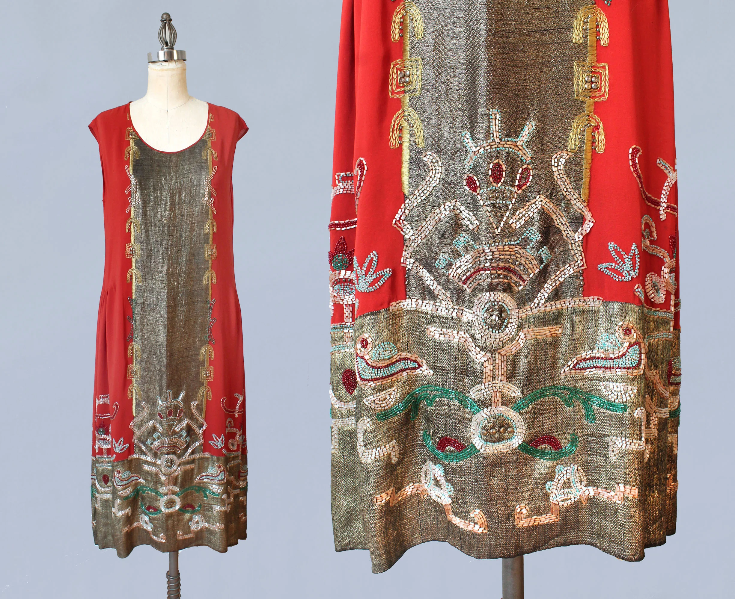 Red silk and lame dress. 1920s.