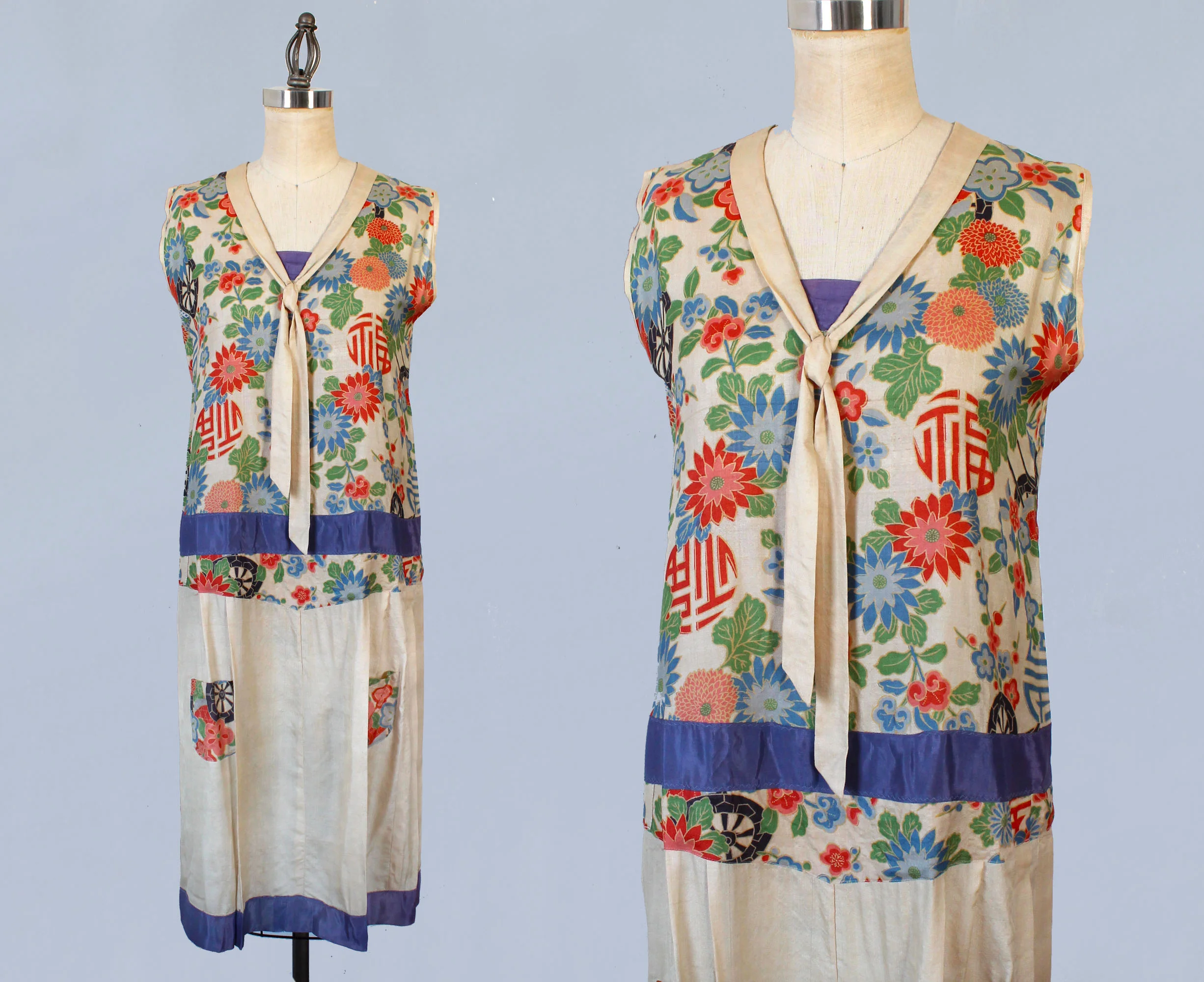 Japanese pongee silk printed dress. 1920s.