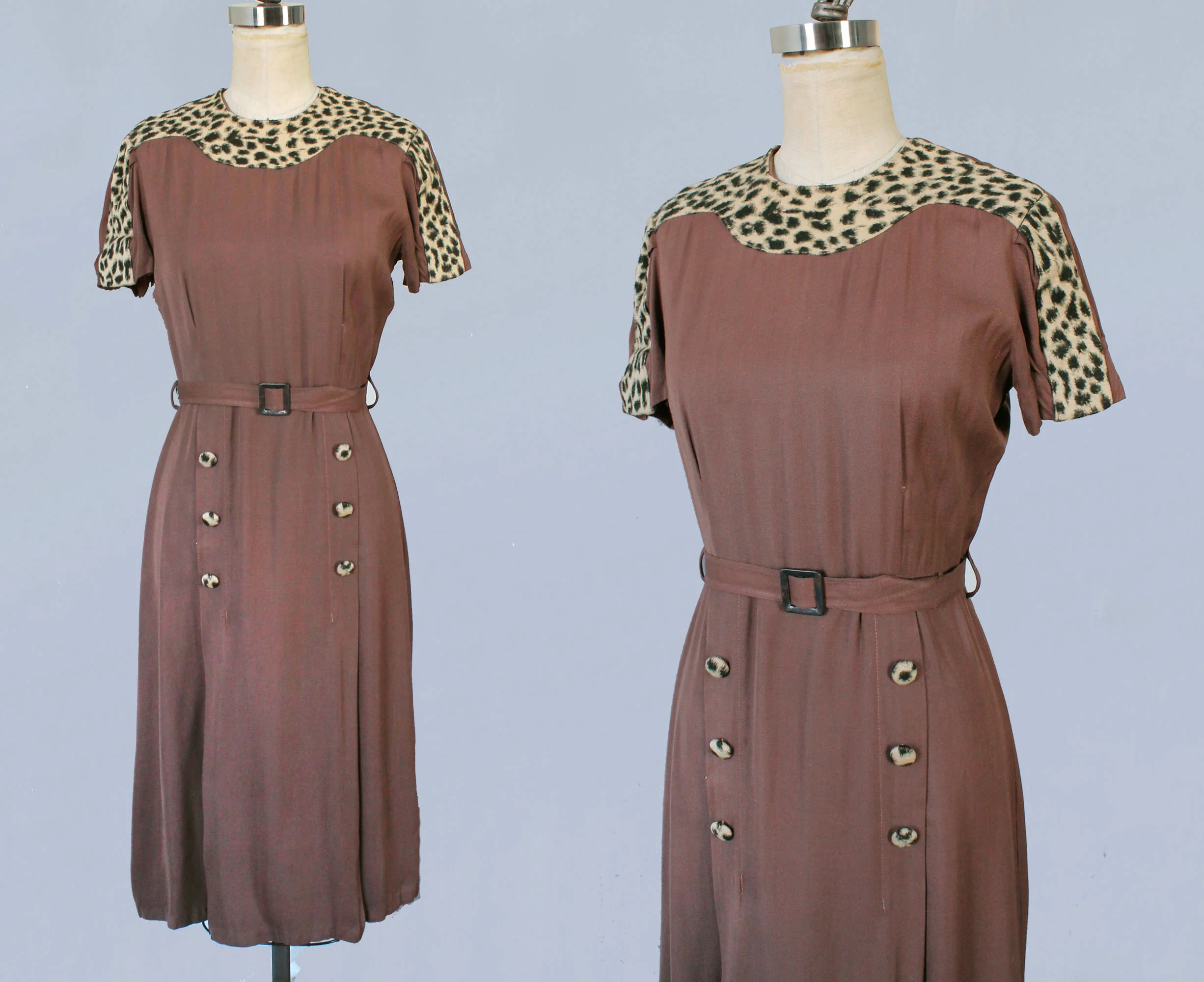 Dress with leopard print accents. 1940s.