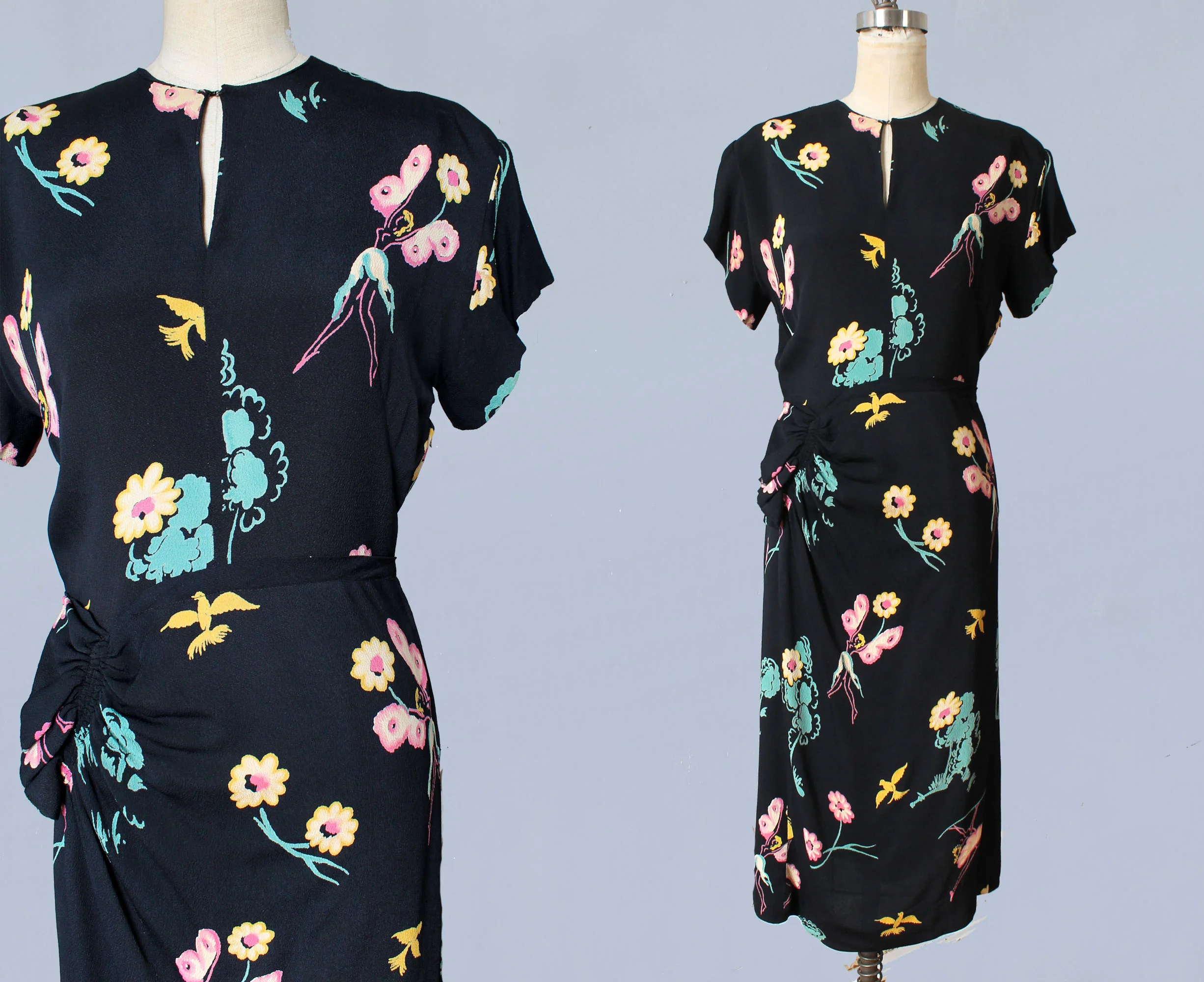 Fairies and flowers novelty print rayon dress, 1940s.