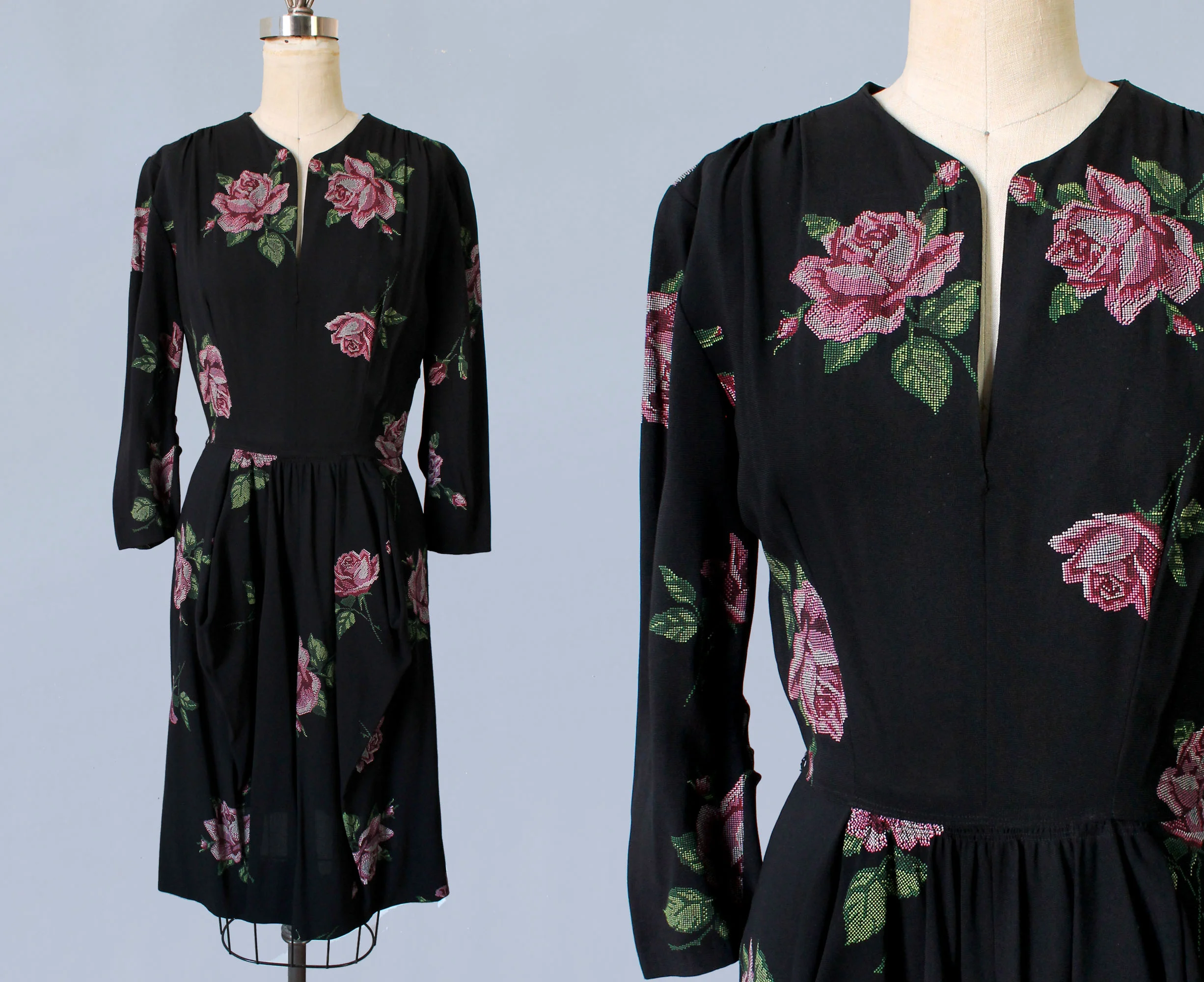 Cross stitch print dress, 1940s.