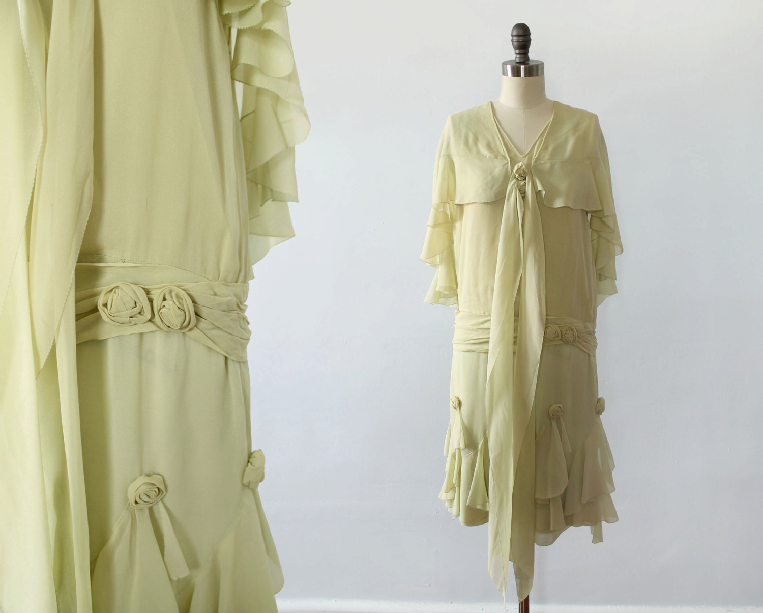 Pistachio green silk chiffon dress with silk rosettes. 1920s.