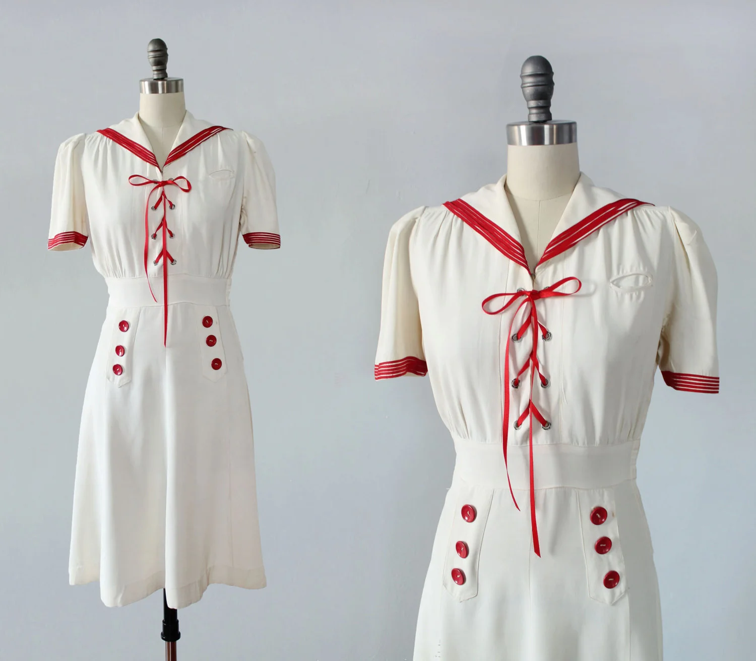White and red nautical crepe dress. 1930s.