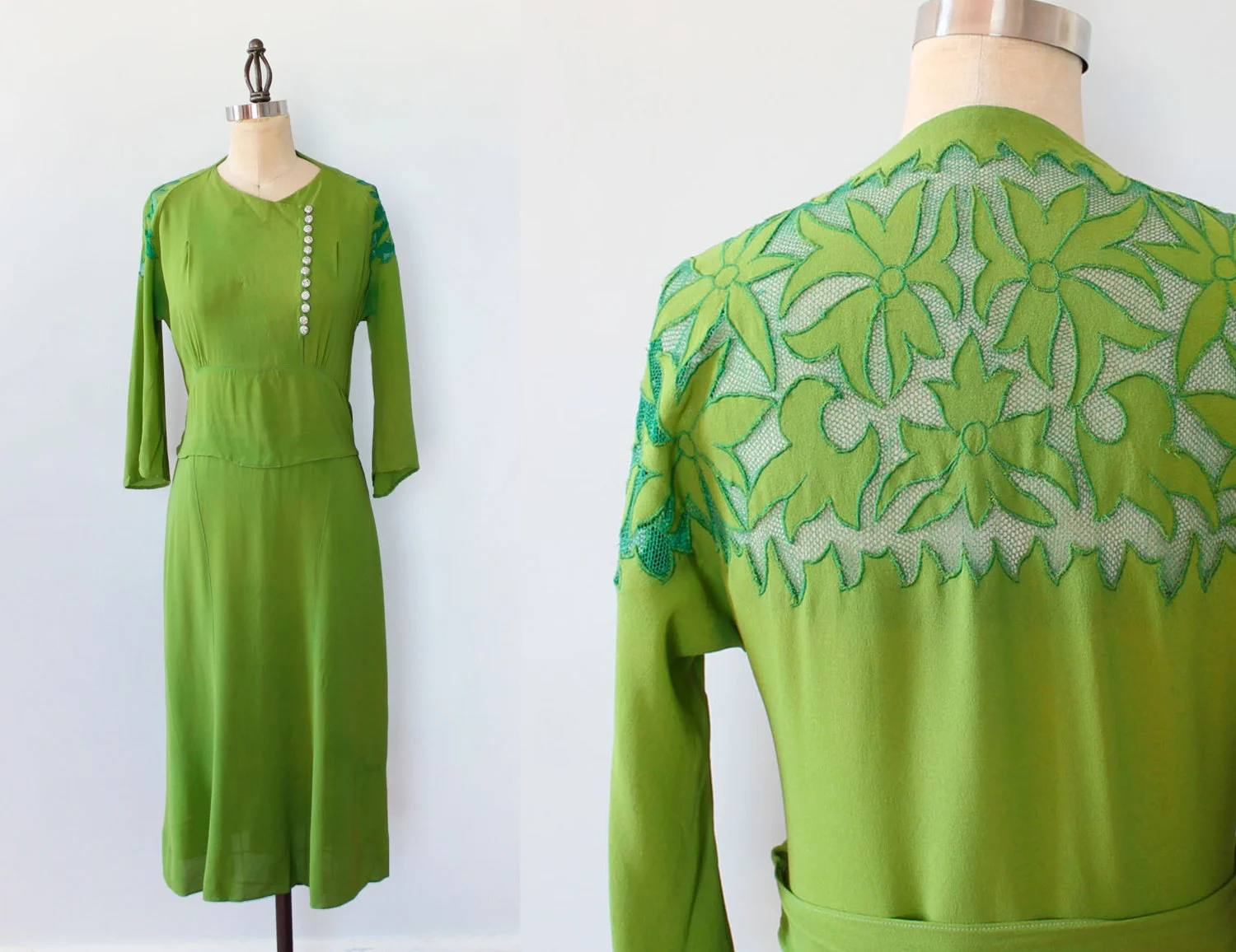 Green dress with applique back. 1930s.