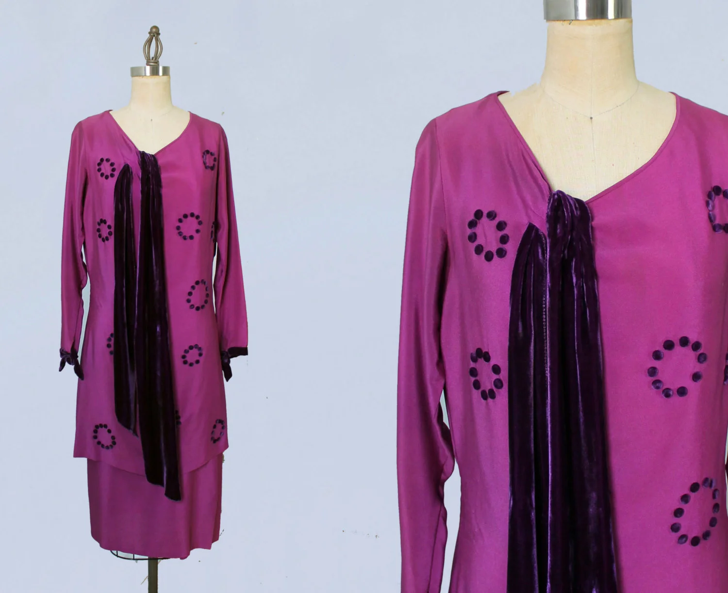 Fuchsia silk dress with purple velvet and pom poms. Late 1920s.
