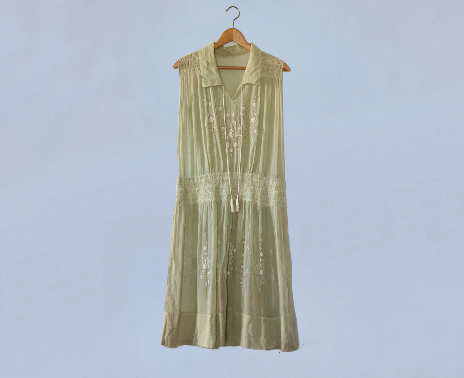 Pale green embroidered cotton peasant dress. 1920s.