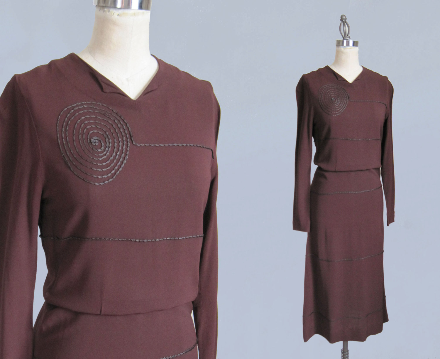 1940s Brown Rayon Crepe Dress with Beaded Satin Collar and Cuffs
