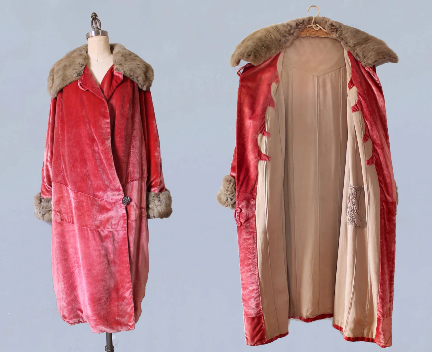 Pink silk velvet coat with fur trim. 1920s.