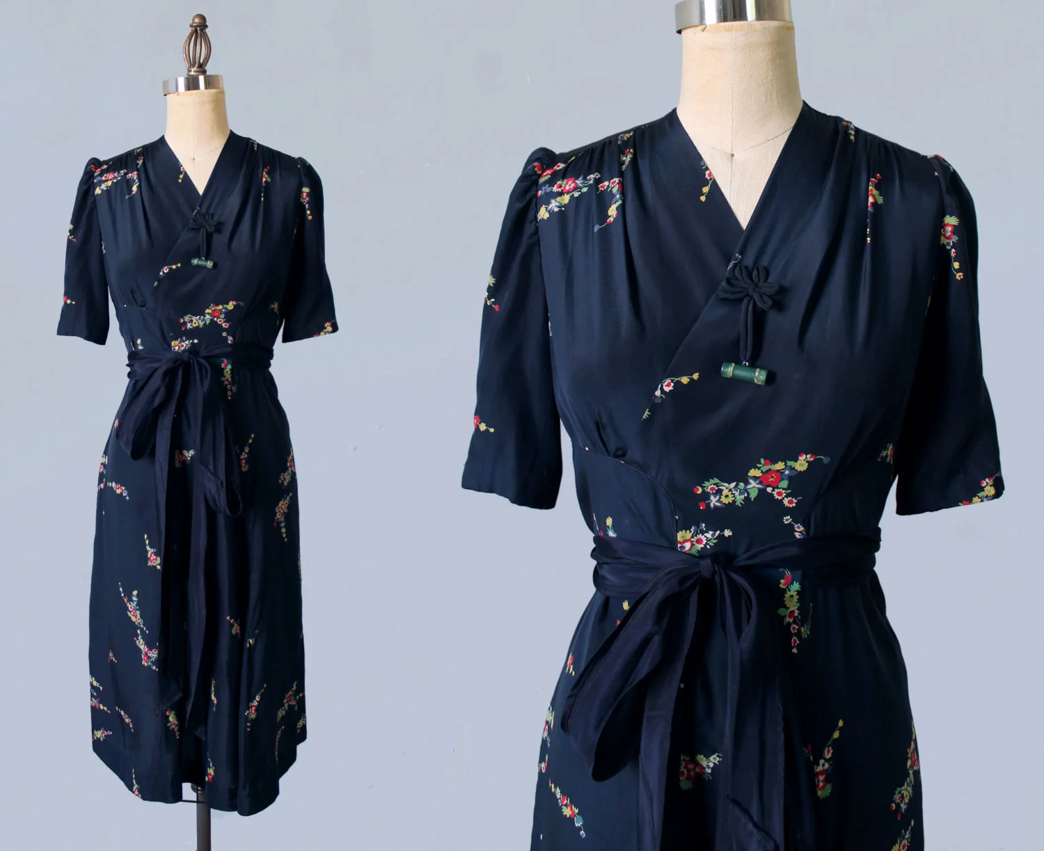 Navy silk dress. 1930s-40s.