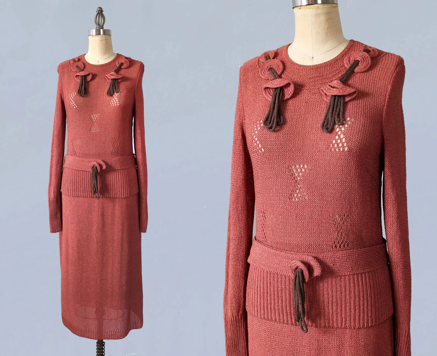 Pink knit three piece skirt top and belt set. 1930s.