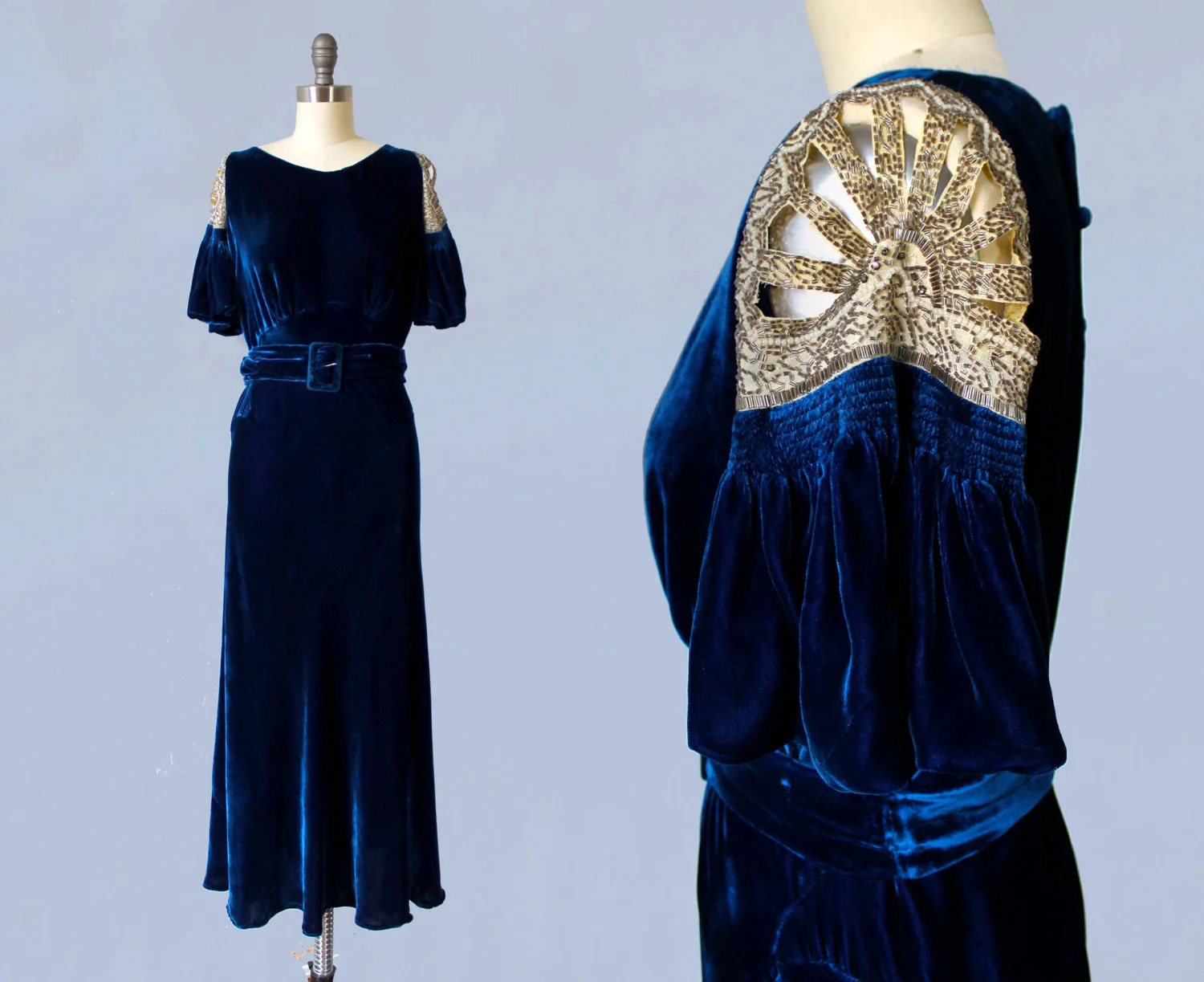 Blue silk velvet gown with beaded shoulders. 1930s.