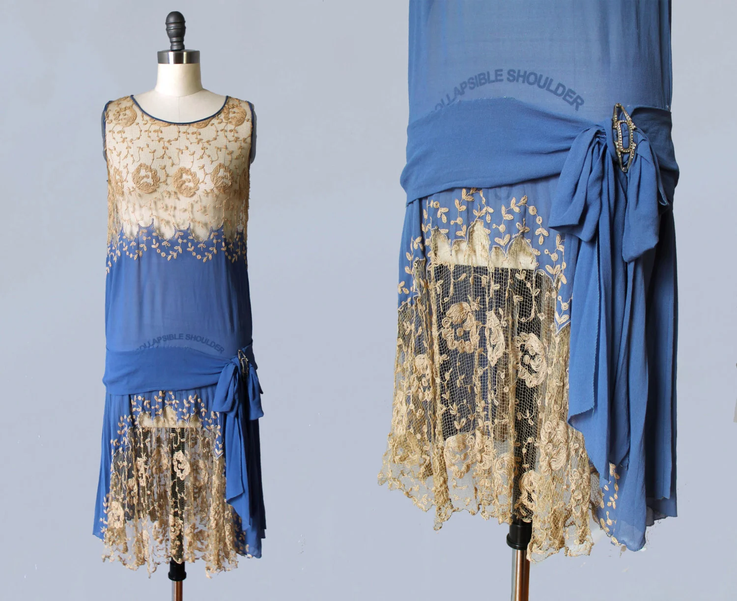 Blue silk and lace dress. 1920s.