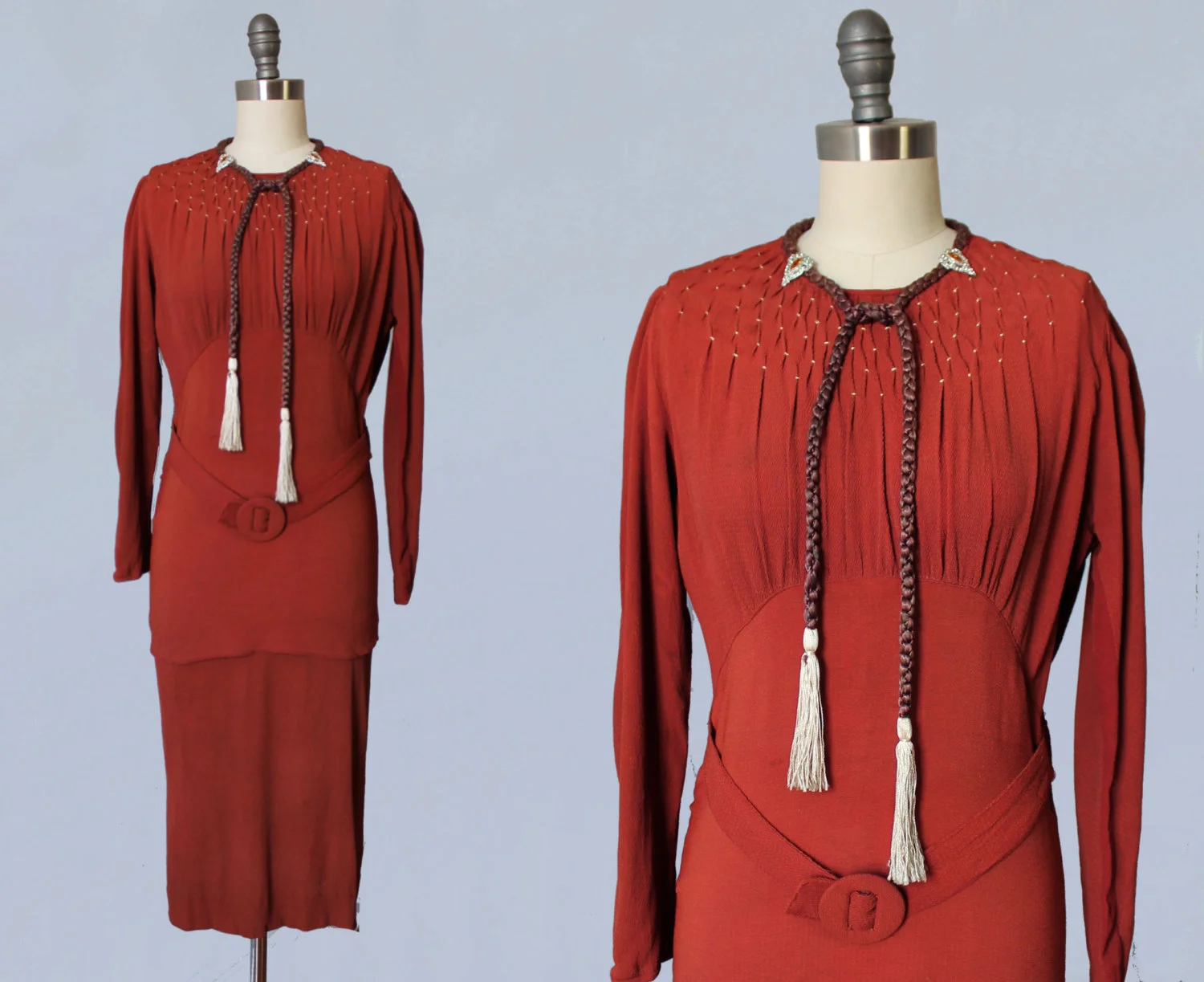 Red crepe peasant inspired dress with braided tassels. 1930s.