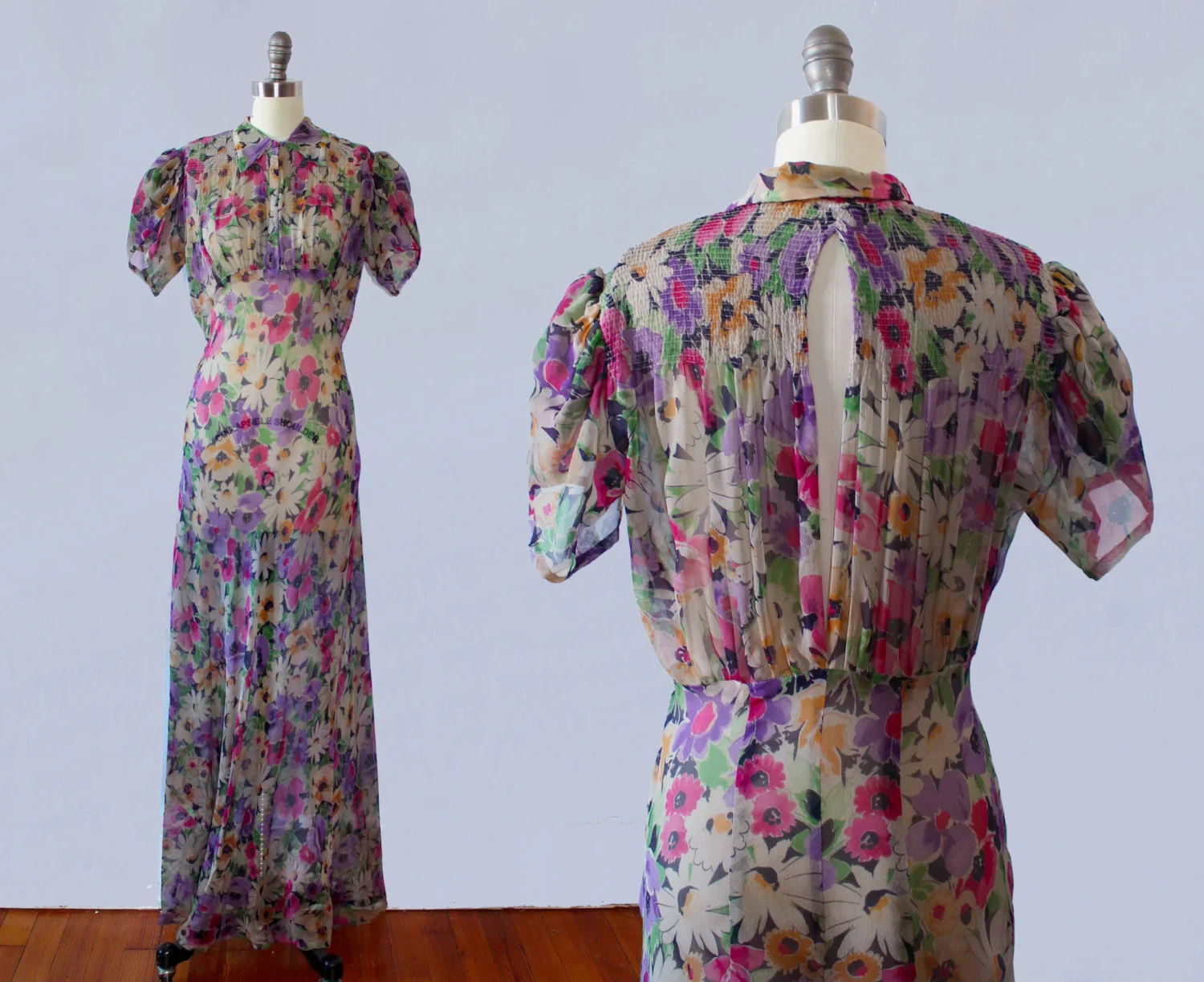 Floral sheer silk gown. 1930s.