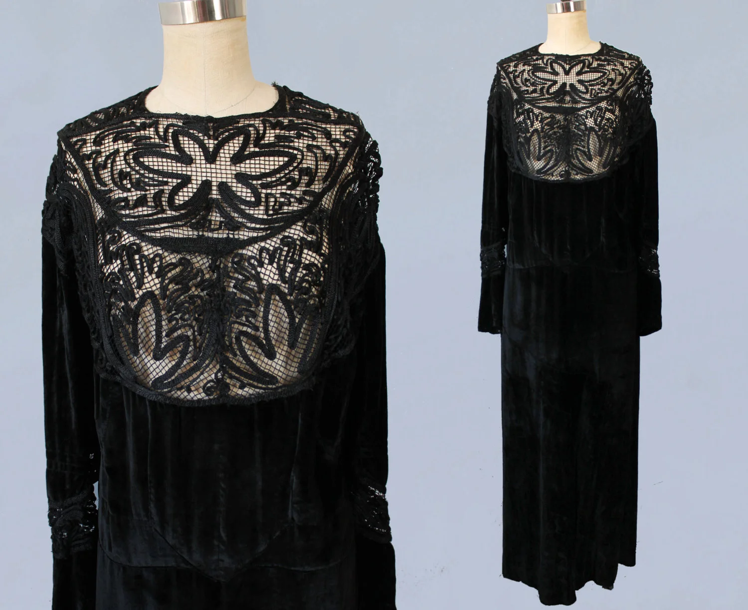 Black velvet dress with net and soutache bib. 1910s-1920s.