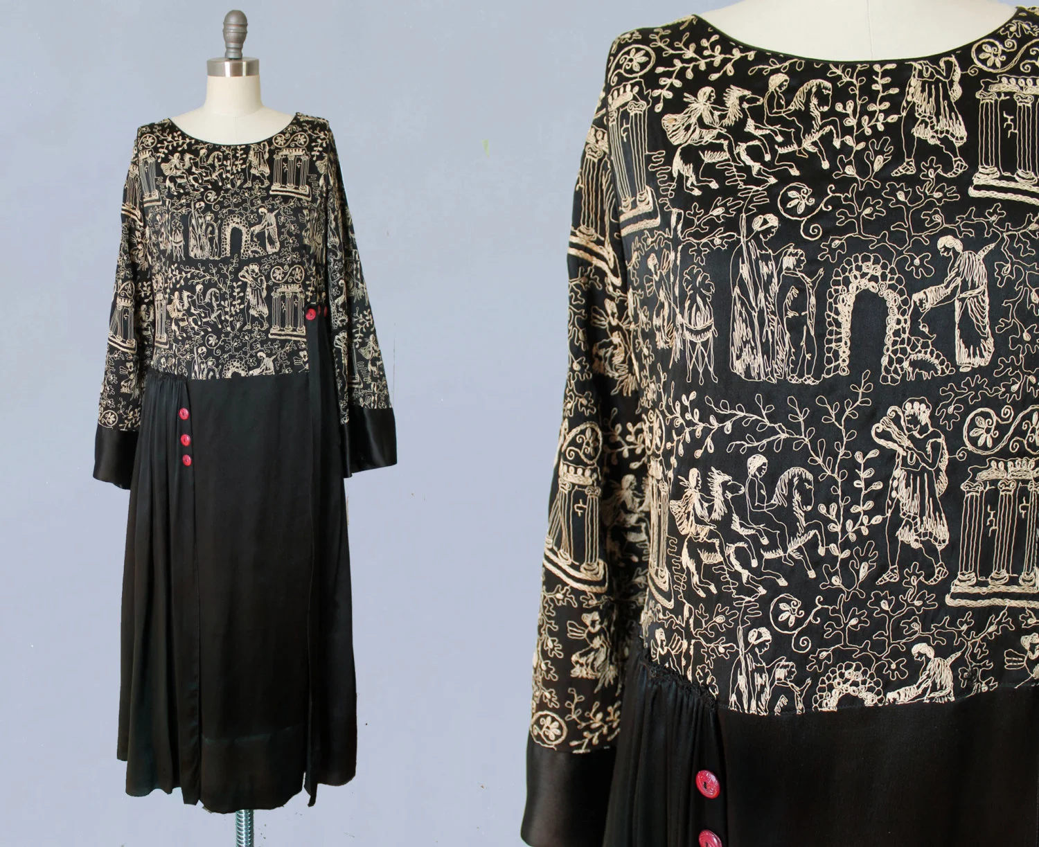 Black silk dress with Greek myth embroidery. Orpheus, infant Zeus and cornucopia, ionic columns, etc depicted. Maid Marion Dresses / Paris / New York. 1920s.