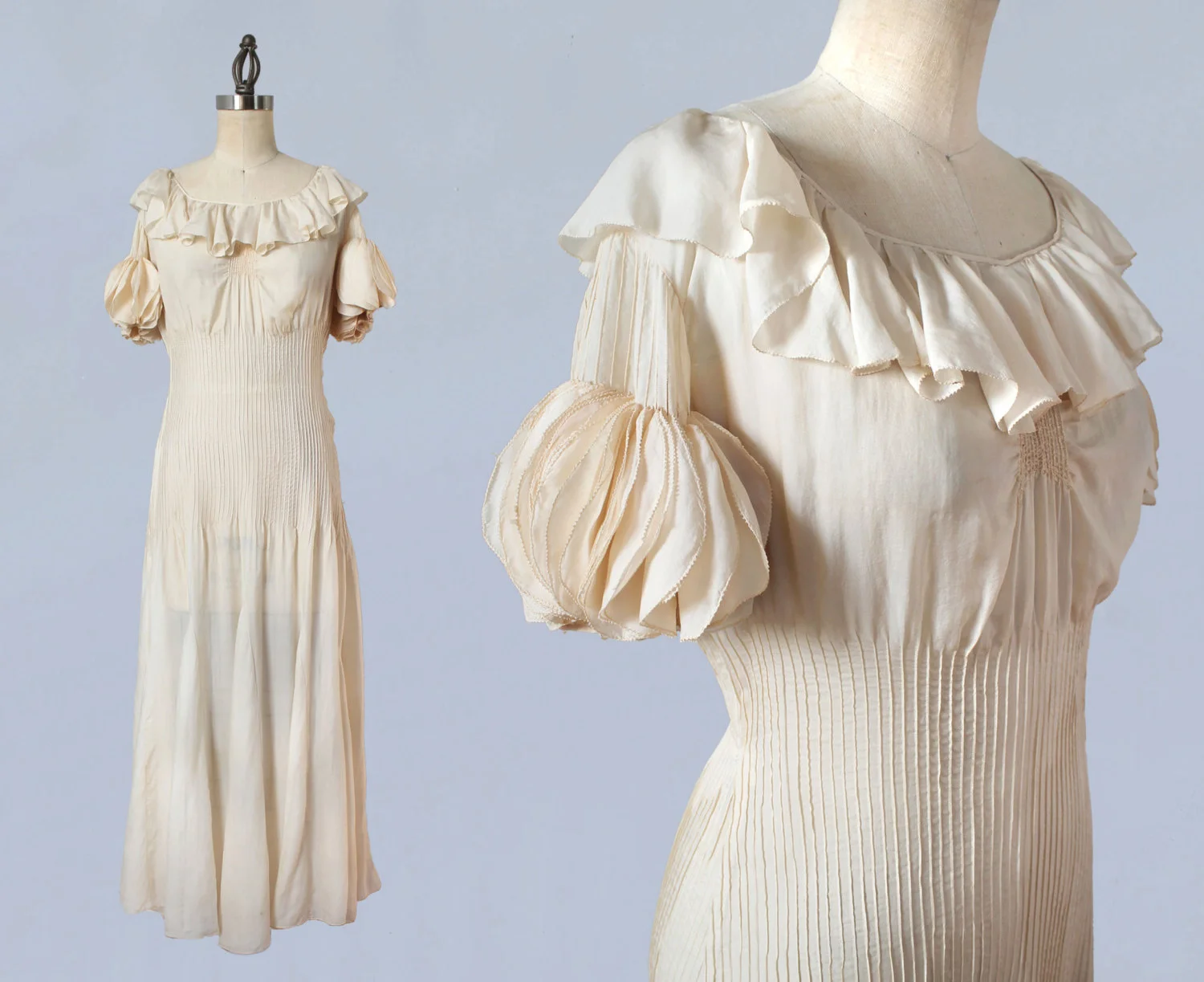 Cream silk dress with petal sleeves. 1930s.